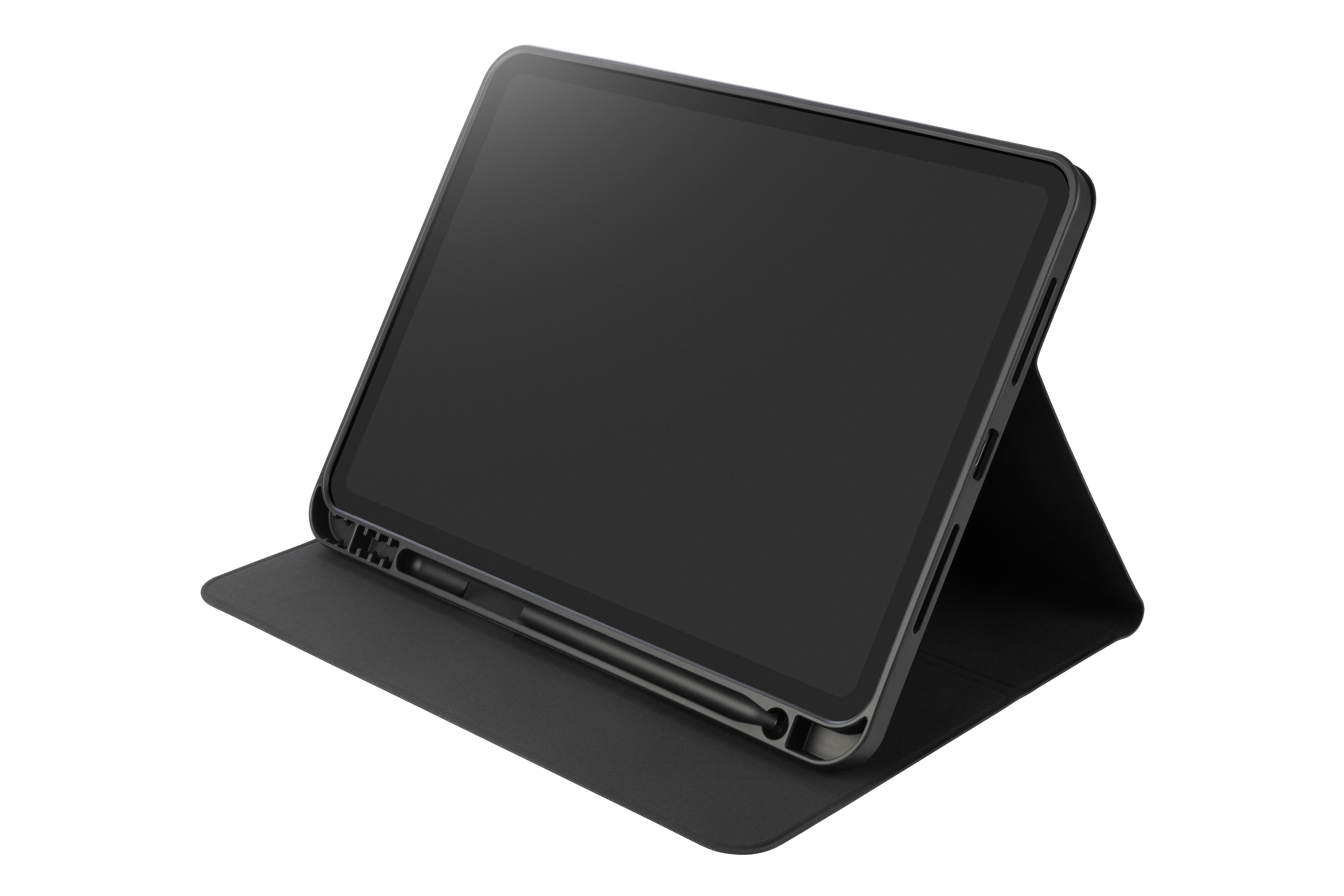 Schwarzes Tablet in einer schwarzen Hülle mit Stift, geöffnet und aufgestellt.
