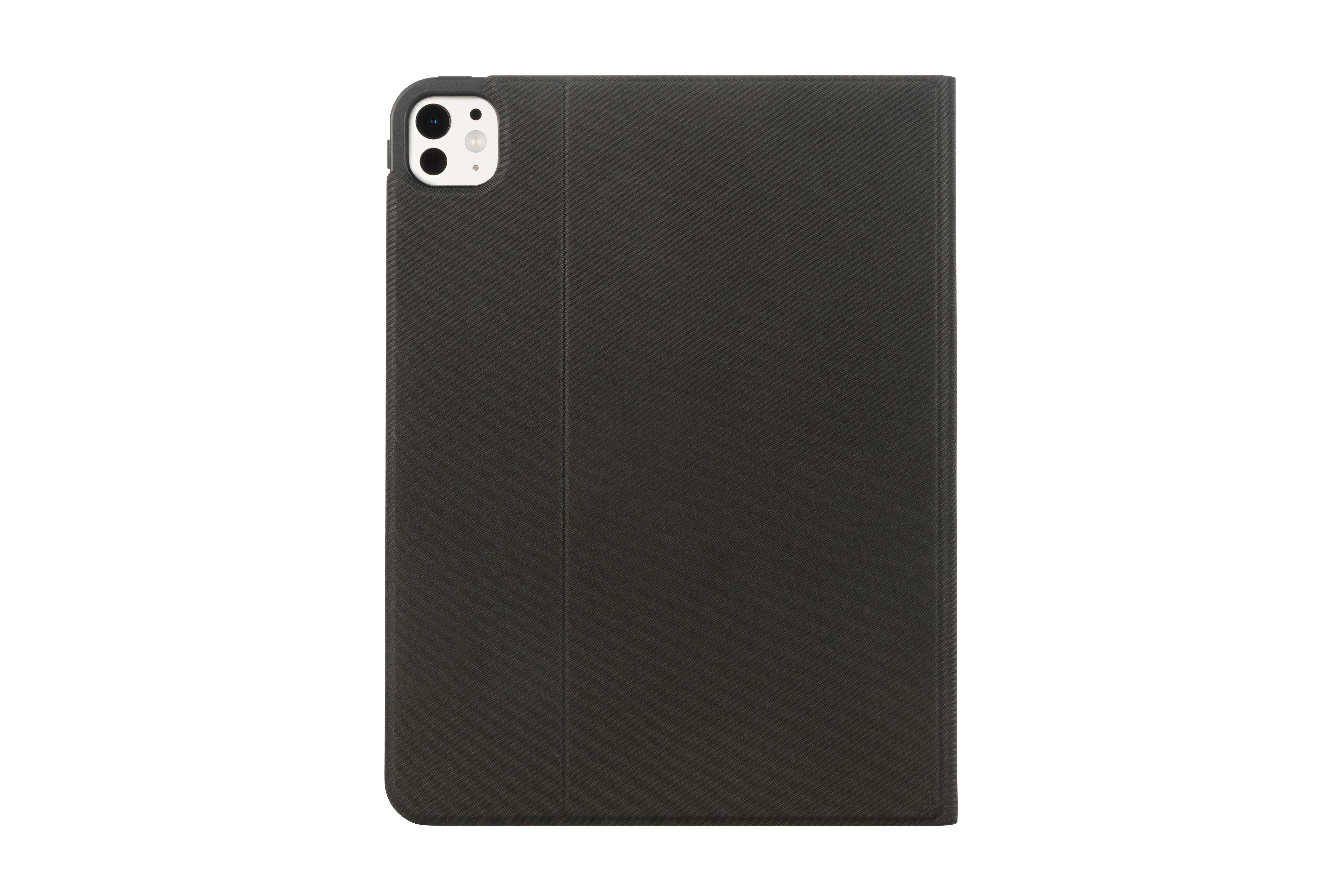 Schwarze iPad-Hülle. Sie ist geschlossen. Das Apple-Logo befindet sich auf der Rückseite.