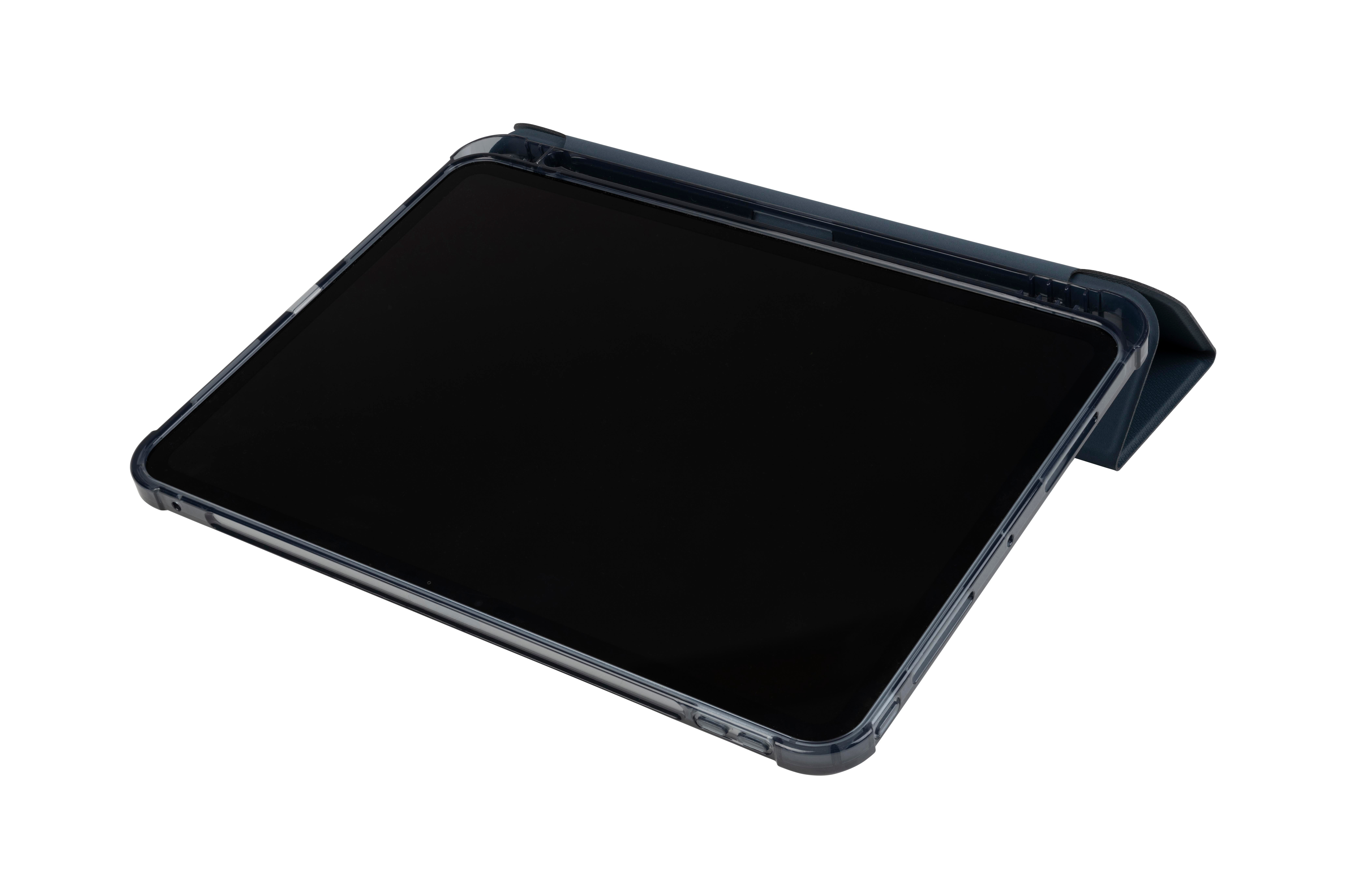 Tablet in einer dunkelblauen Hülle mit Bildschirm. Die Hülle ist offen.