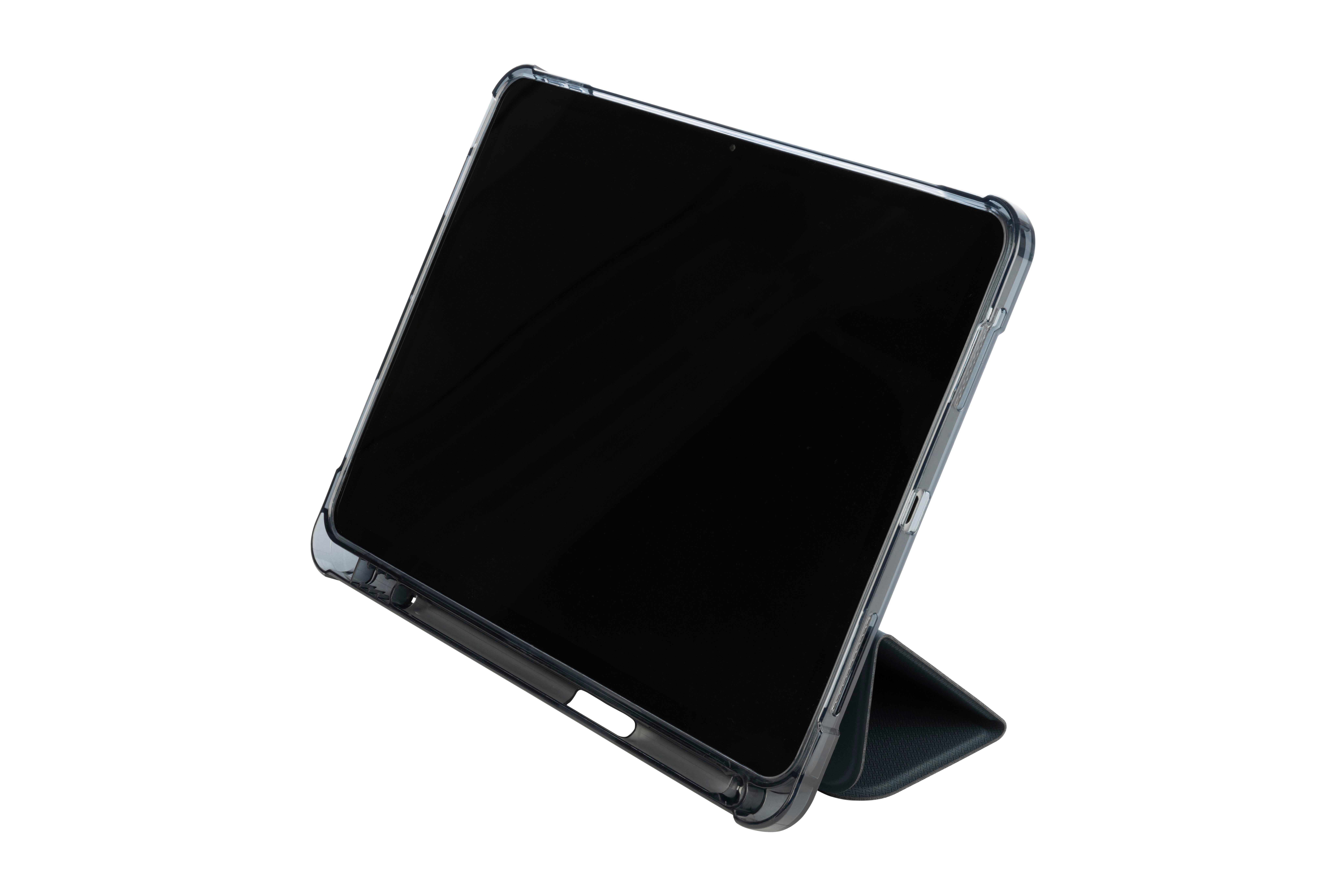 Ein Tablet in einer Hülle, aufgestellt. Der Bildschirm ist schwarz, was darauf hindeutet, dass es ausgeschaltet ist.