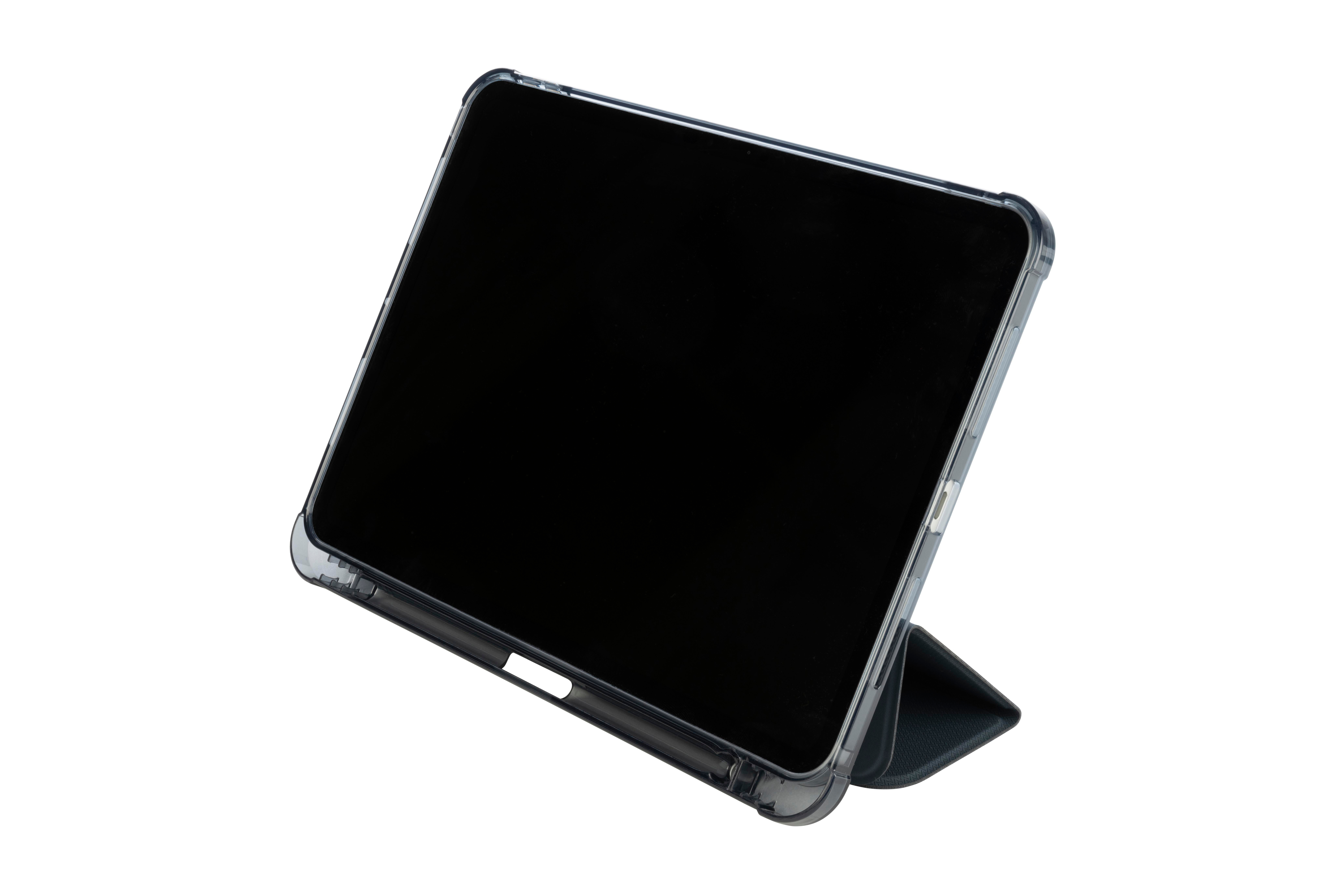 Ein iPad in einer transparenten Hülle mit dunklem Bildschirm. Die Hülle ist abgewinkelt.