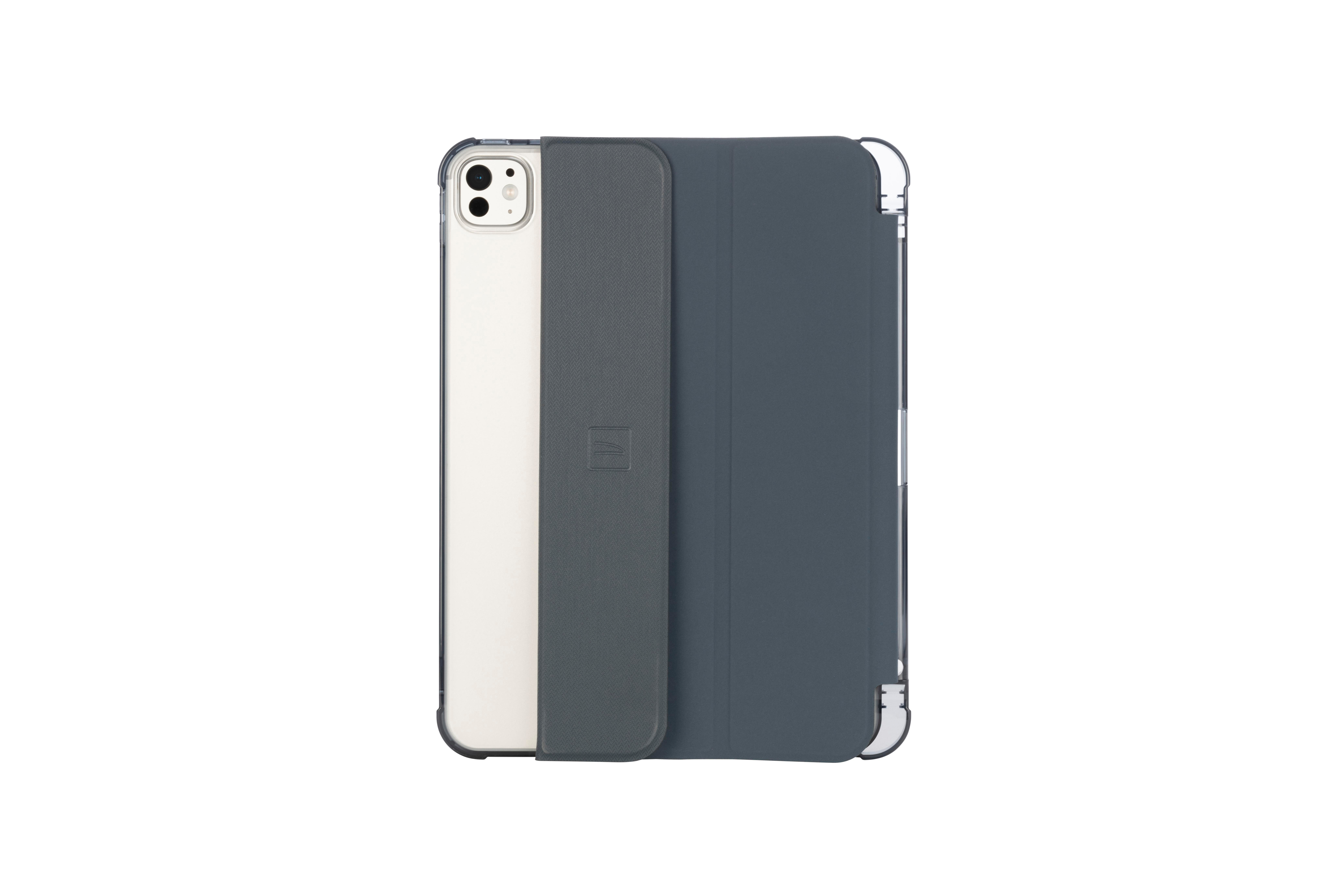 Ein Tablet in einem grau-blauen Gehäuse auf weißem Hintergrund.