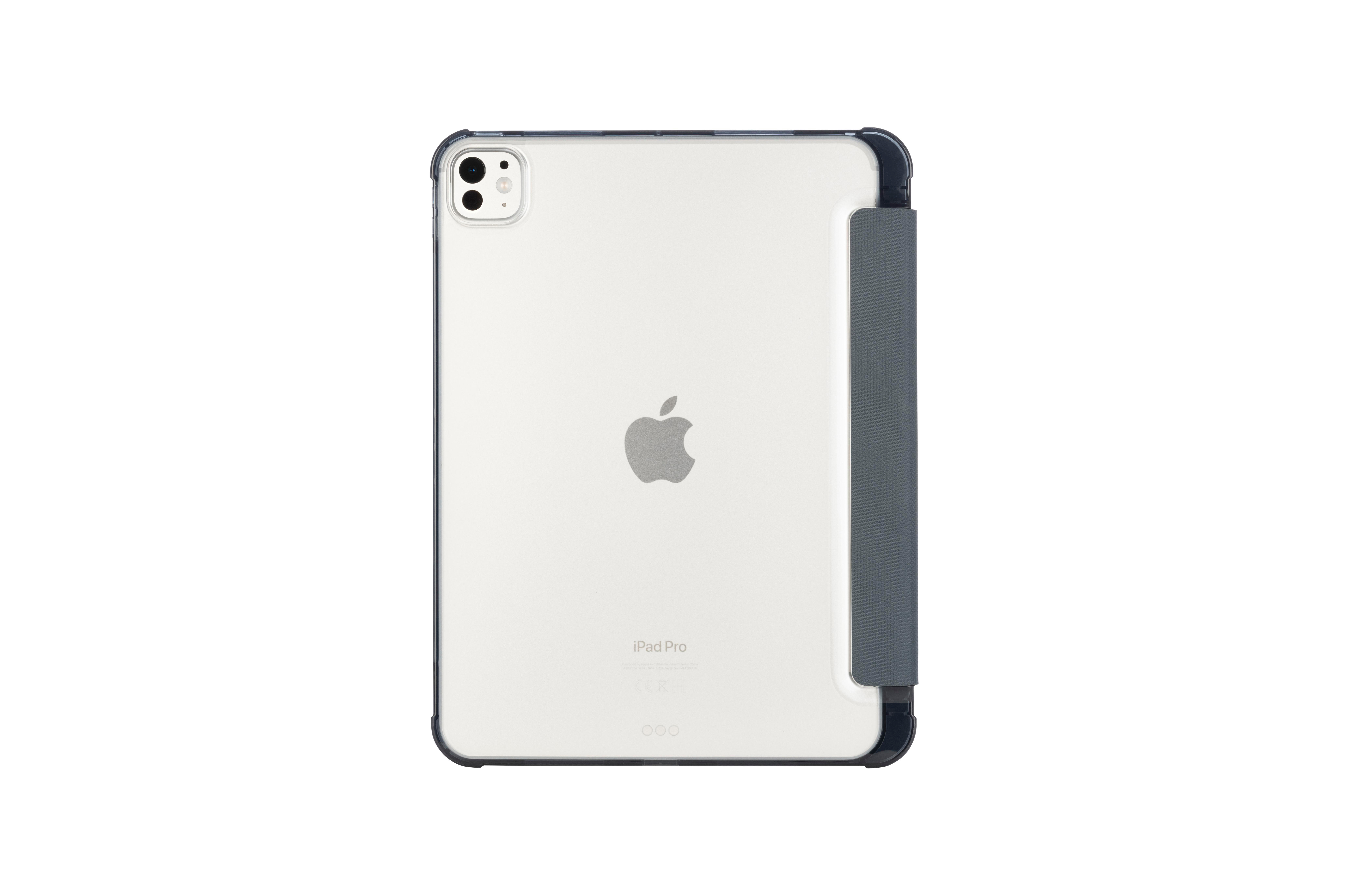 Rückseite eines iPad Pro mit Hülle. Zeigt das Apple-Logo, die Kamera und Anschlüsse auf weißer Oberfläche.