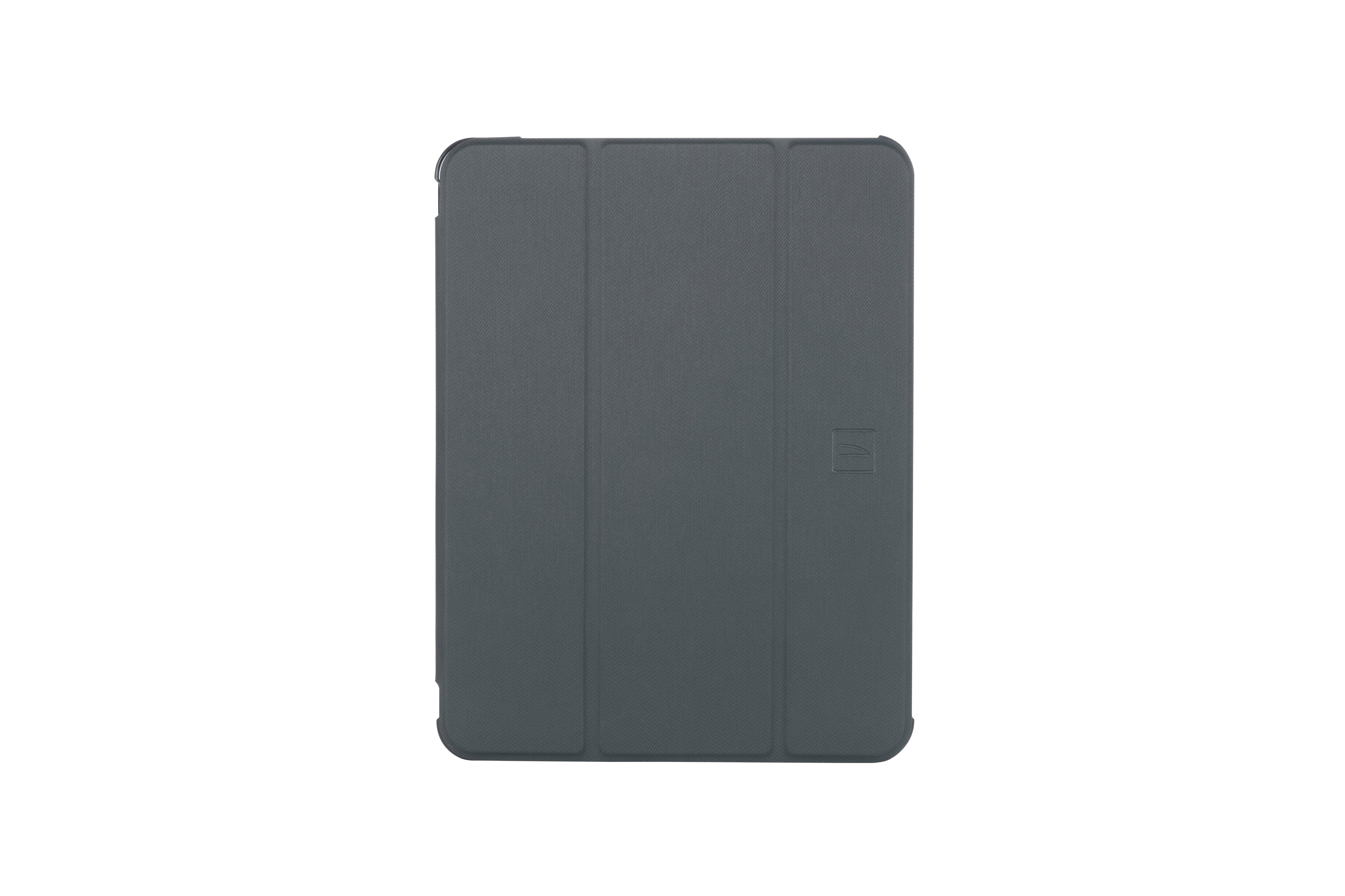 Dunkelgraue Tablet-Hüllenabdeckung, geschlossen, mit Logo unten rechts.