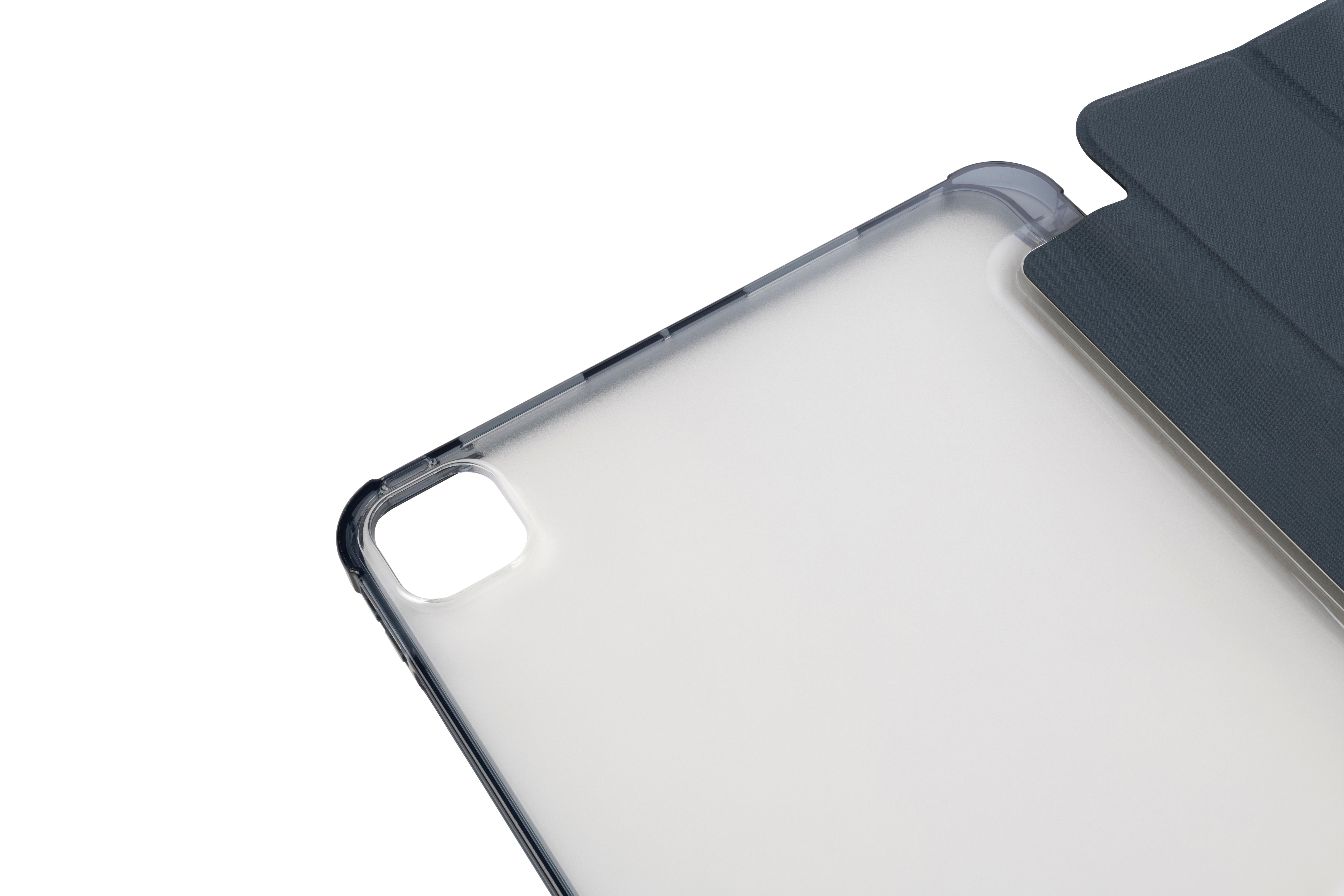 iPad-Hülle, klarer Kunststoff mit dunkelblauem Deckel.