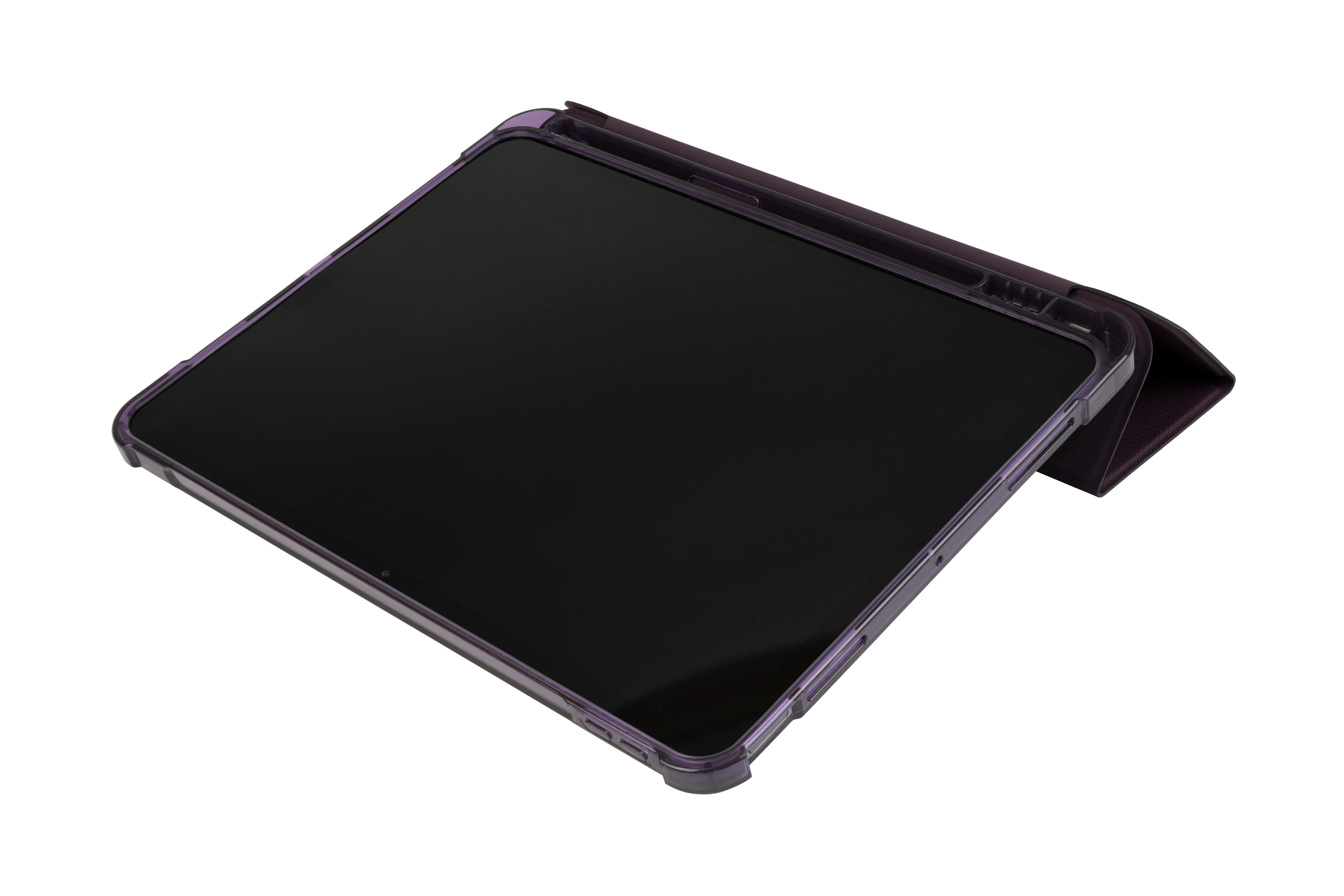 Tablethülle mit Tablet darin. Die Hülle ist lila und hat einen klaren Bildschirm.