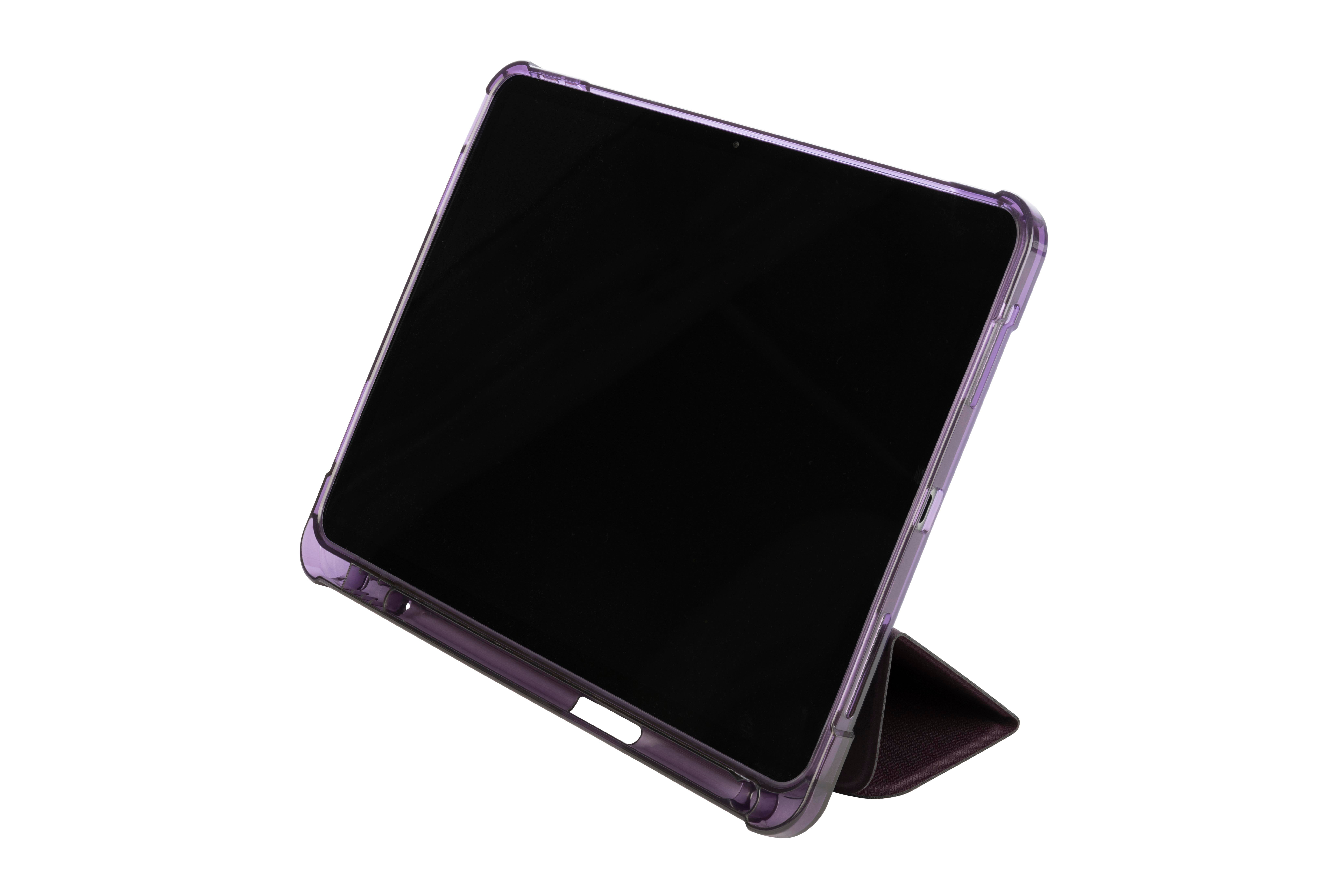 Eine lila Tablethülle mit einem Tablet und einem Ständer. Winkelansicht.