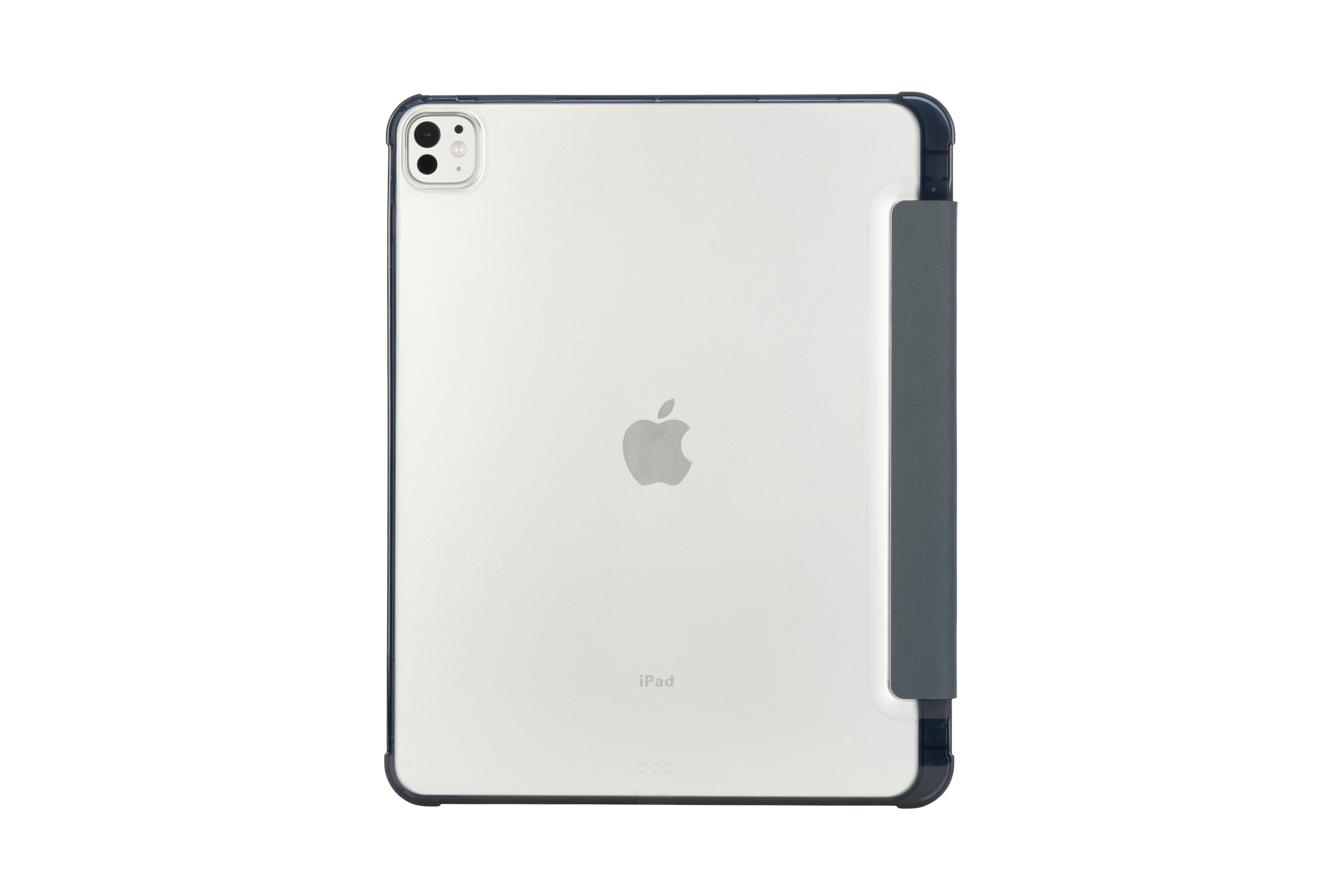 Rückansicht eines iPads in einer transparenten Hülle mit dunkelblauem Rahmen, Apple-Logo sichtbar.
