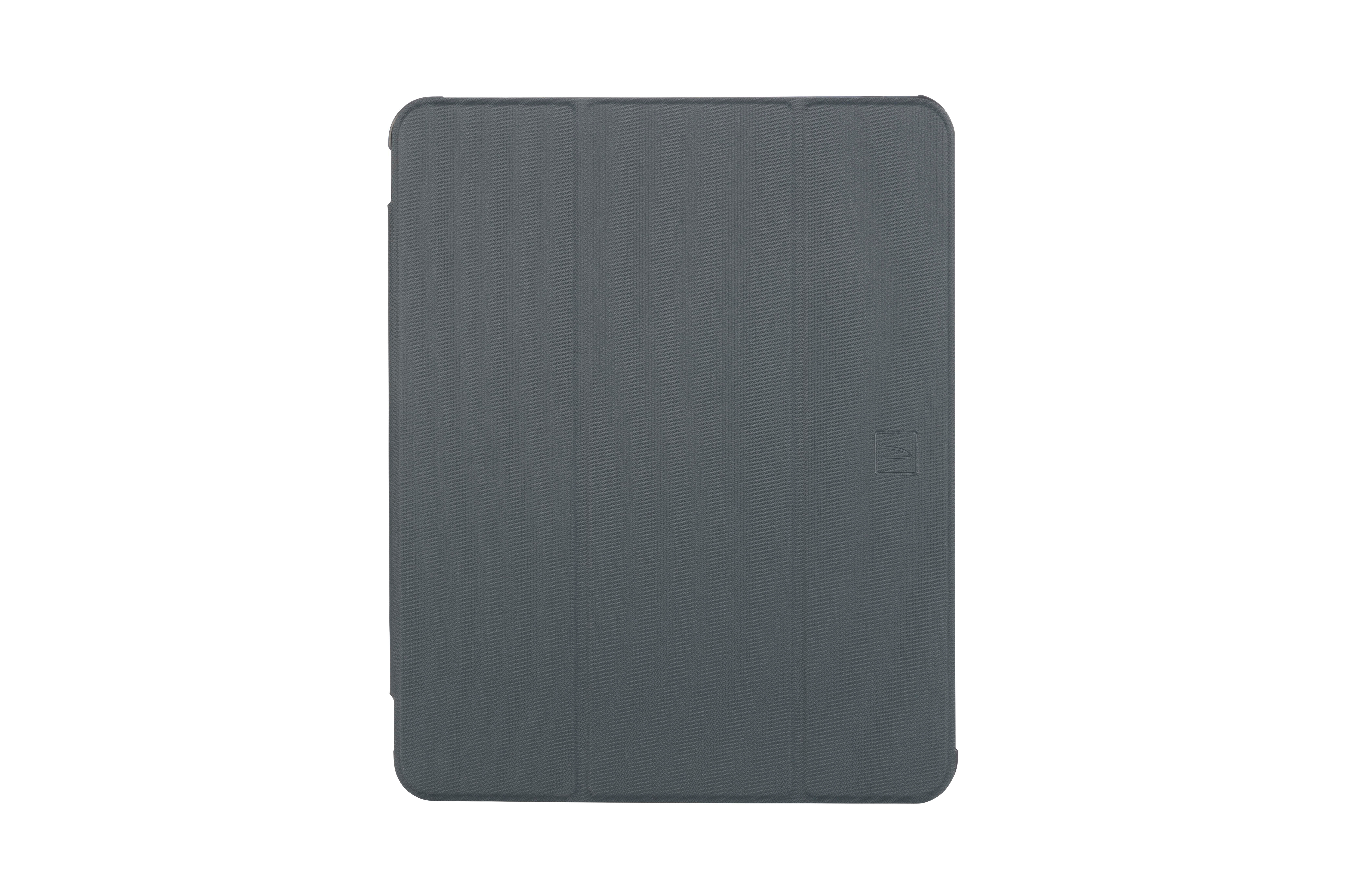 Dunkelgraue Tablet-Hüllenabdeckung, geschlossen, zeigt das Logo der Marke.