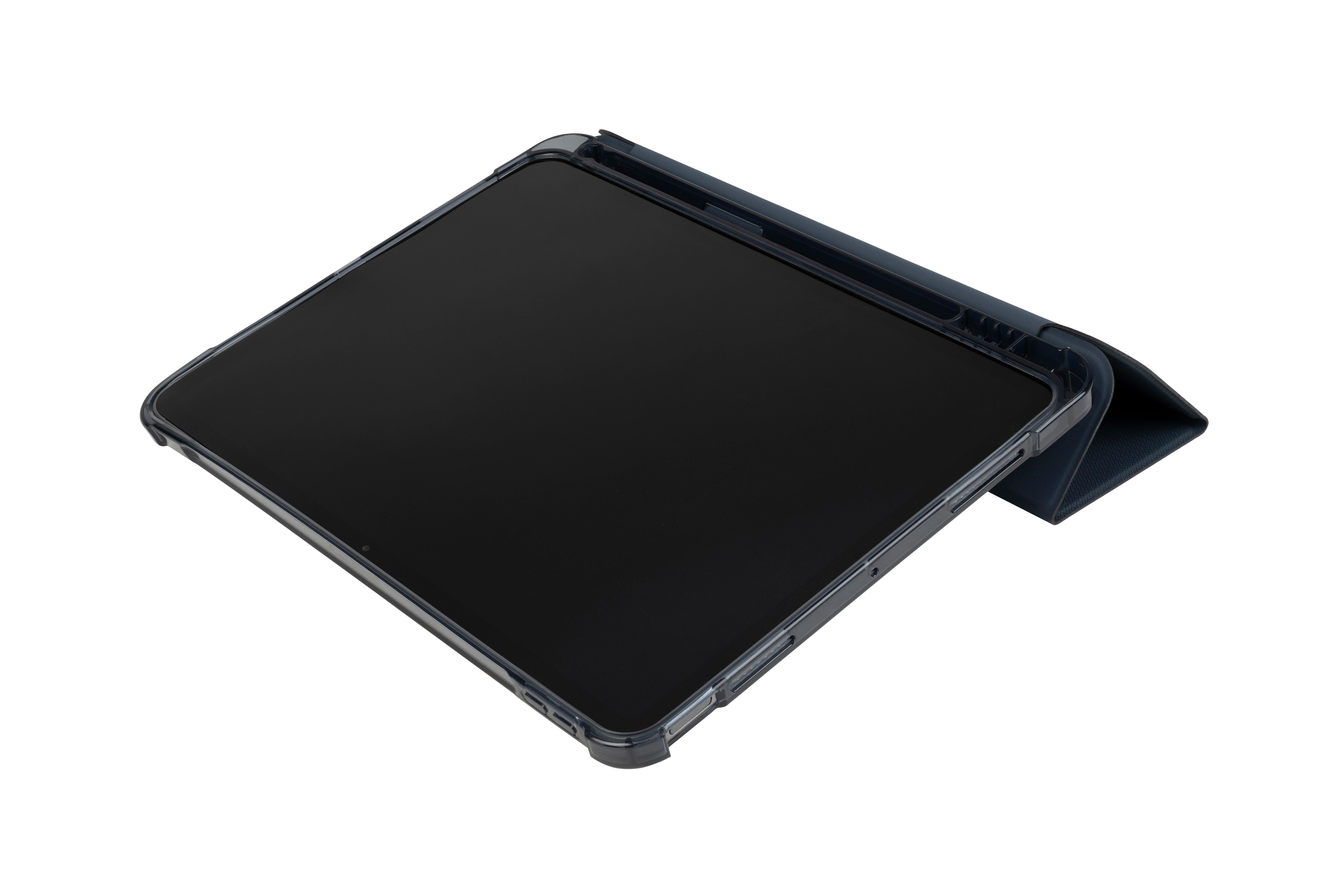 Tablet in dunkler blauer Hülle, Bildschirm sichtbar, offen und angewinkelt.
