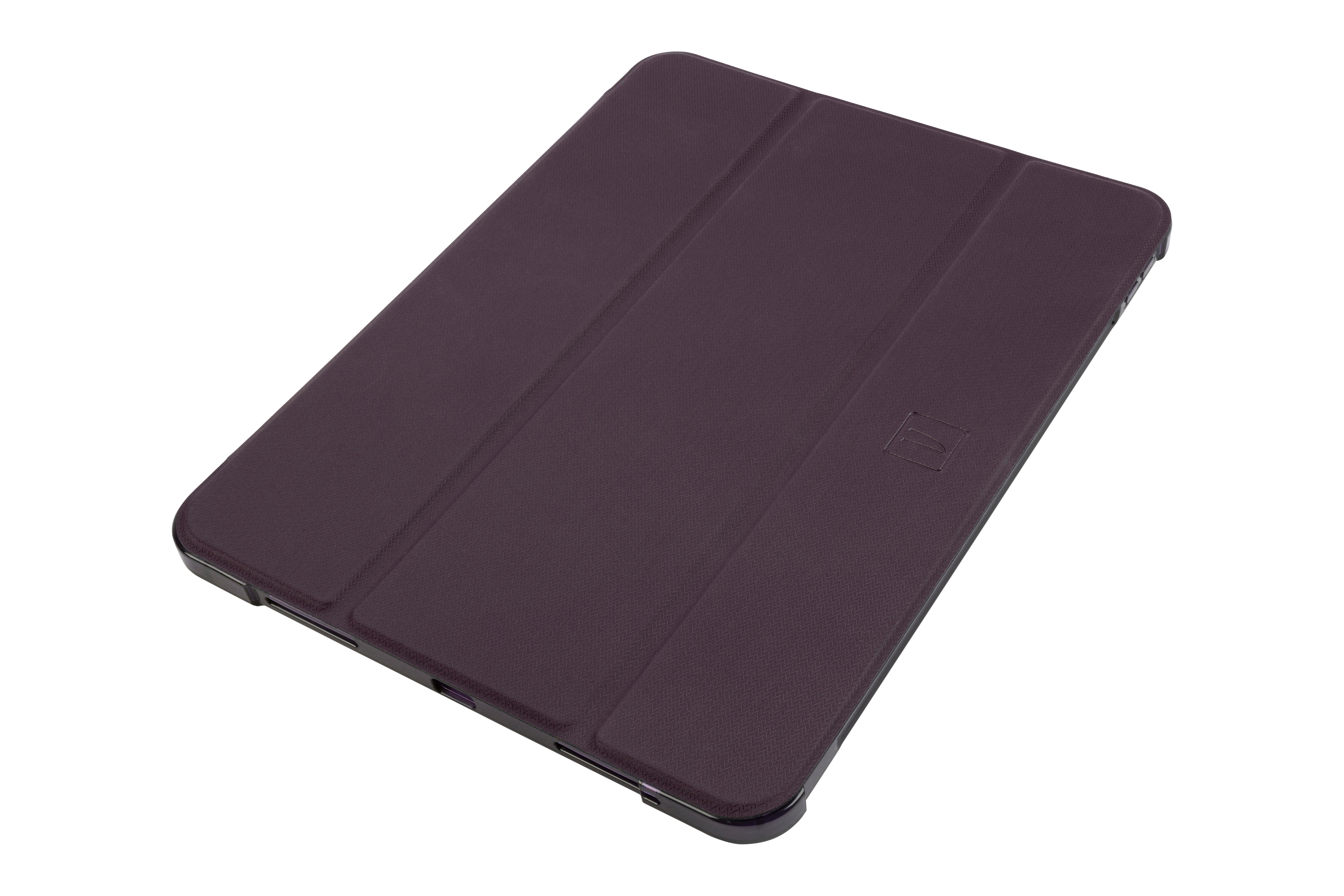 Eine geschlossene Tablet-Hülle, dunkelviolett, auf einer weißen Oberfläche, aus der Vogelperspektive.