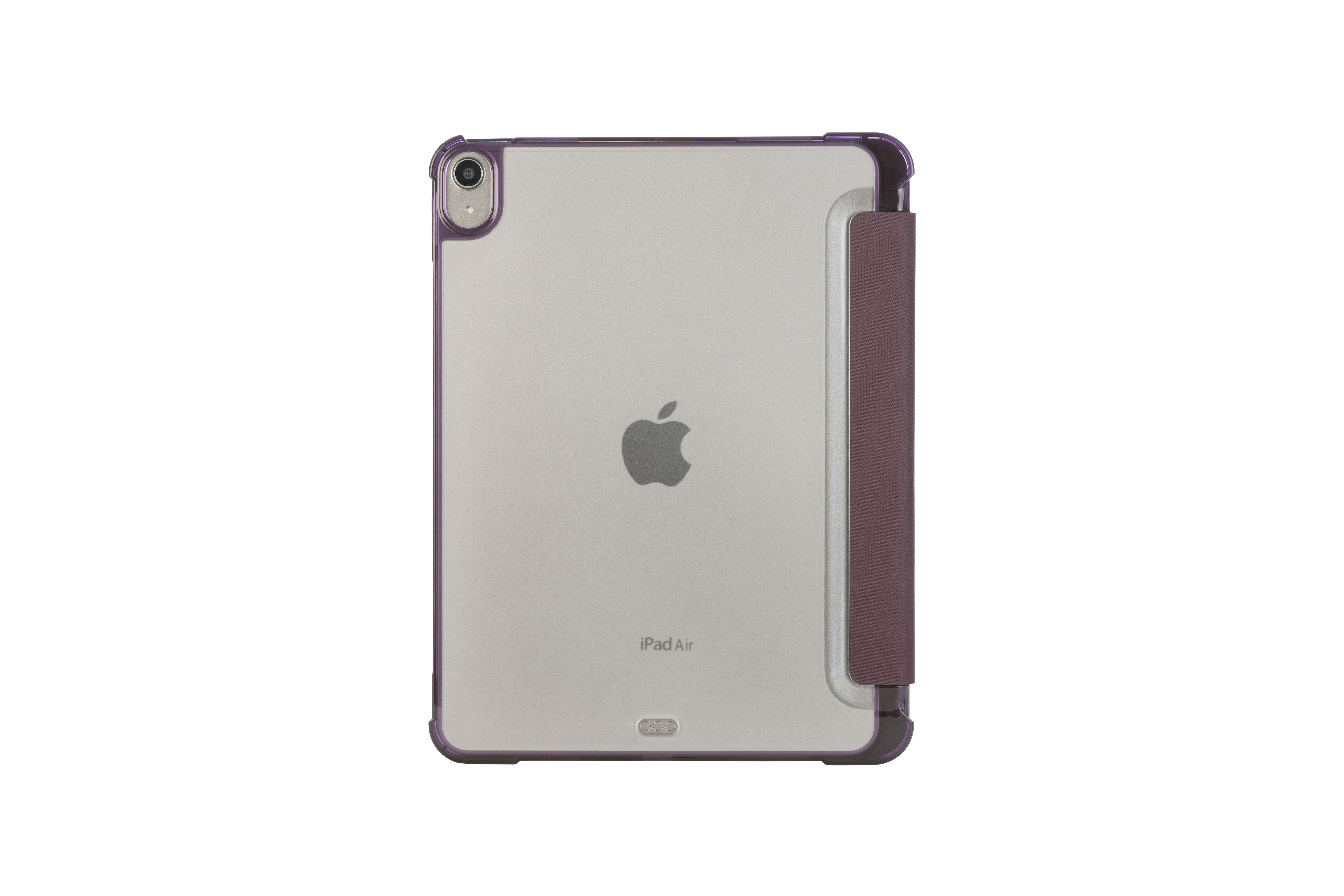 iPad Air in Hülle. Die Hülle ist transparent mit lila Rahmen und maroonfarbener Abdeckung.