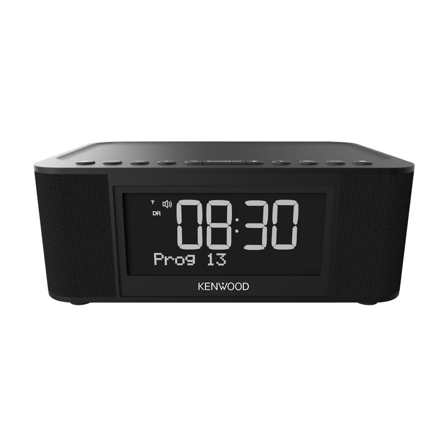Sveglia digitale nera. Display: 08:30, Prog 13 e logo KENWOOD.