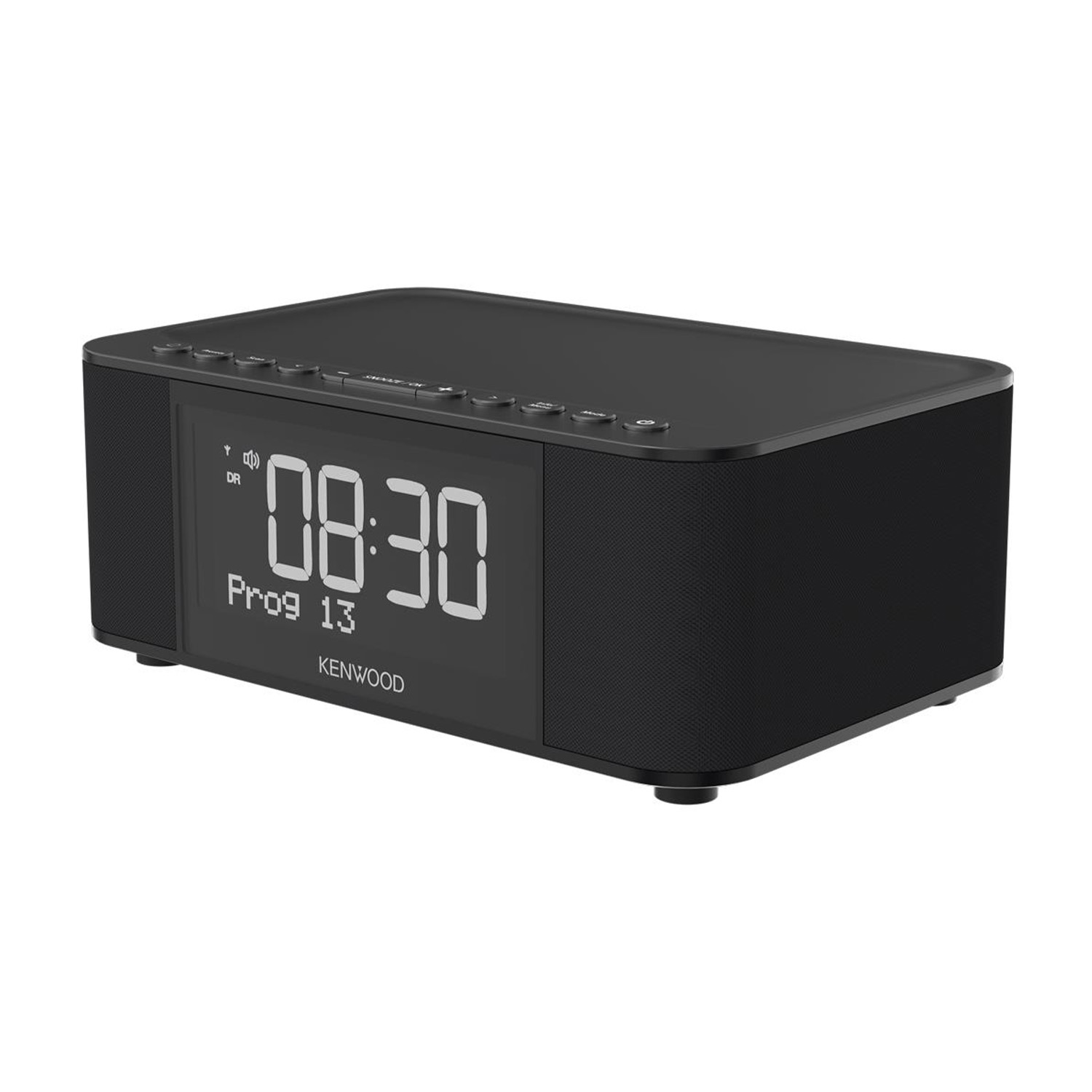 Radiosveglia Kenwood nera con un ampio display che mostra l'ora. Design nero moderno.