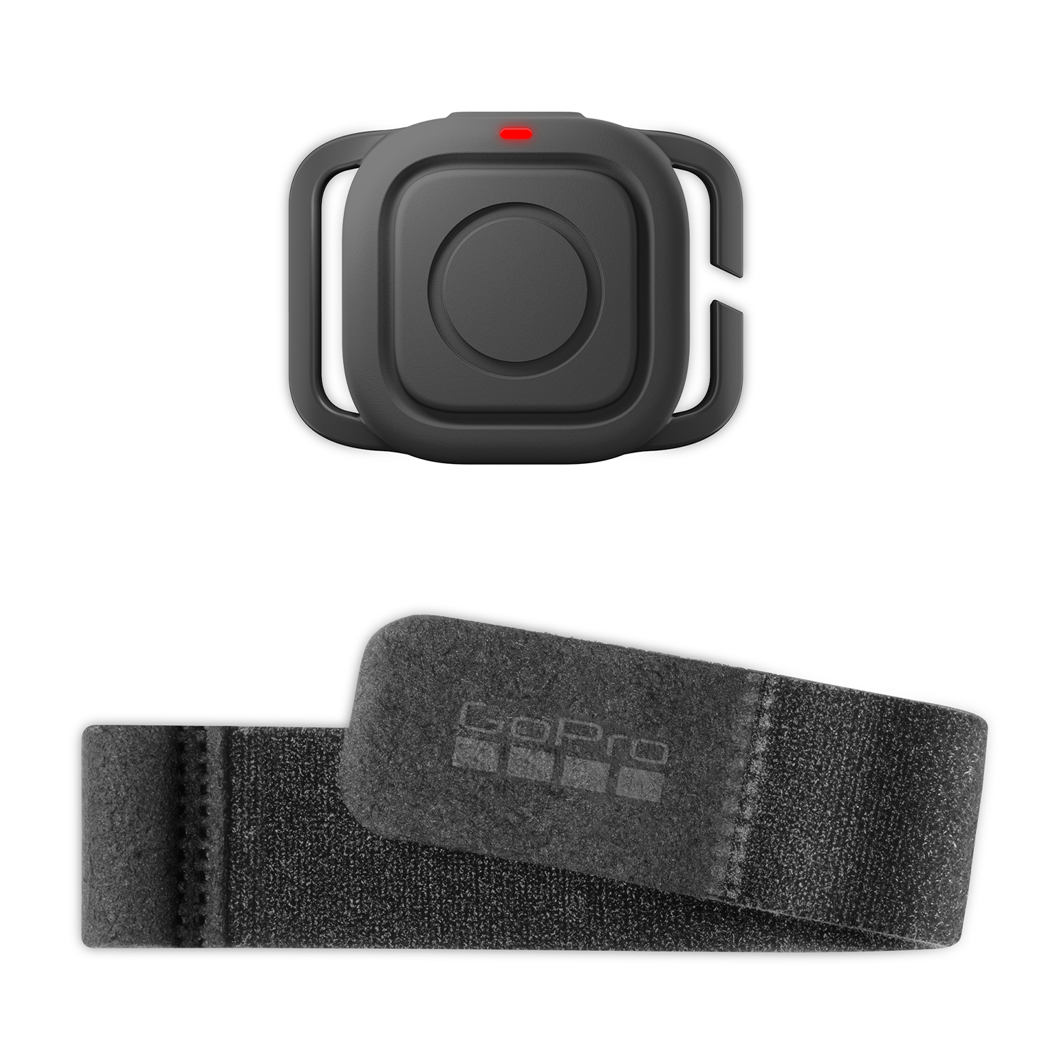 Un telecomando GoPro nero con luce rossa e un cinturino da polso nero con logo GoPro.