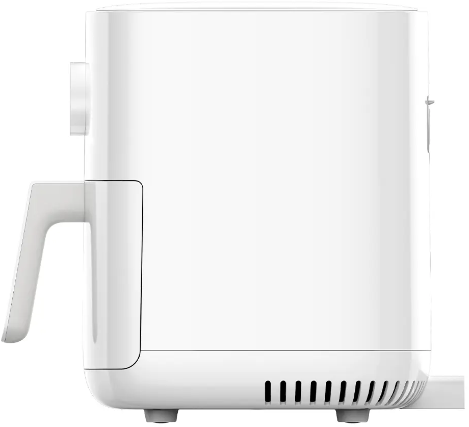 Vue latérale du friteuse à air blanche. Poignée, ventilation et bouton latéral. Fond blanc.