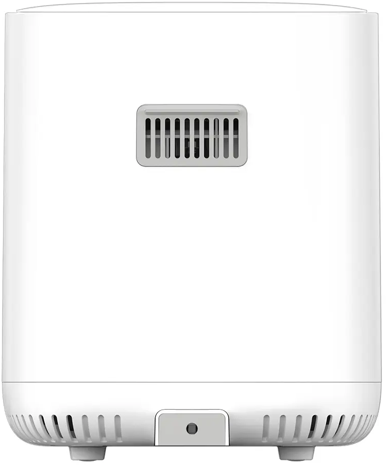 Un purificateur d'air blanc et cylindrique avec une grille grise et un port d'alimentation.