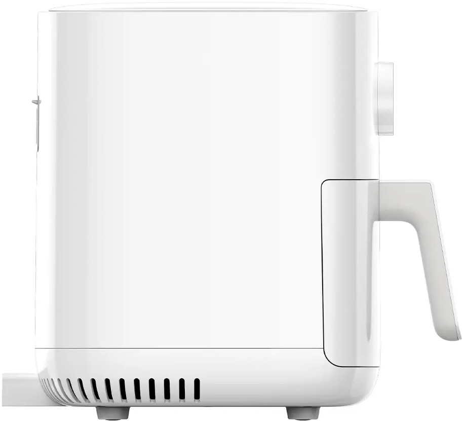 Une friteuse à air blanche, vue latérale, avec une poignée et une ventilation en bas.