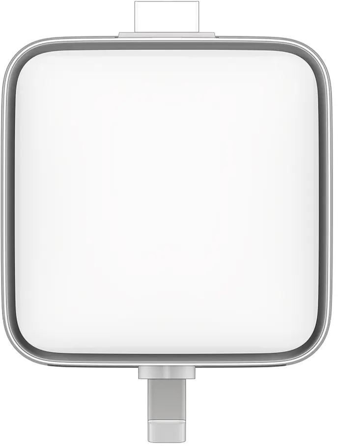 Un caricatore bianco con una porta USB-C e un connettore Lightning nella parte inferiore.