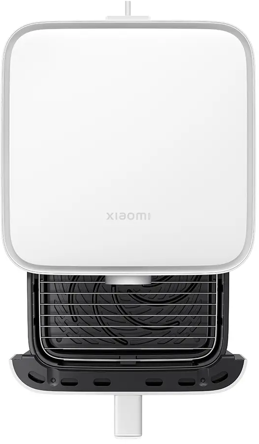 Friggitrice ad aria Xiaomi bianca, vista dall'alto, mostra cestello interno e comandi.