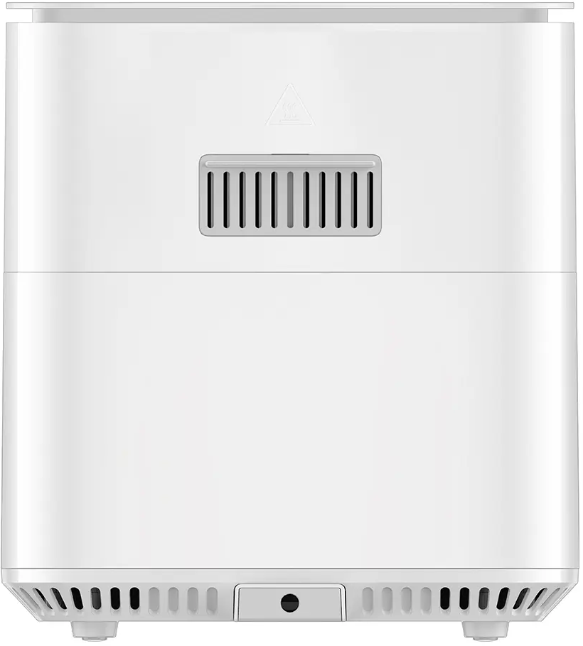 Friggitrice ad aria bianca con simbolo di calore. Ventilazione e porta cavi visibili.