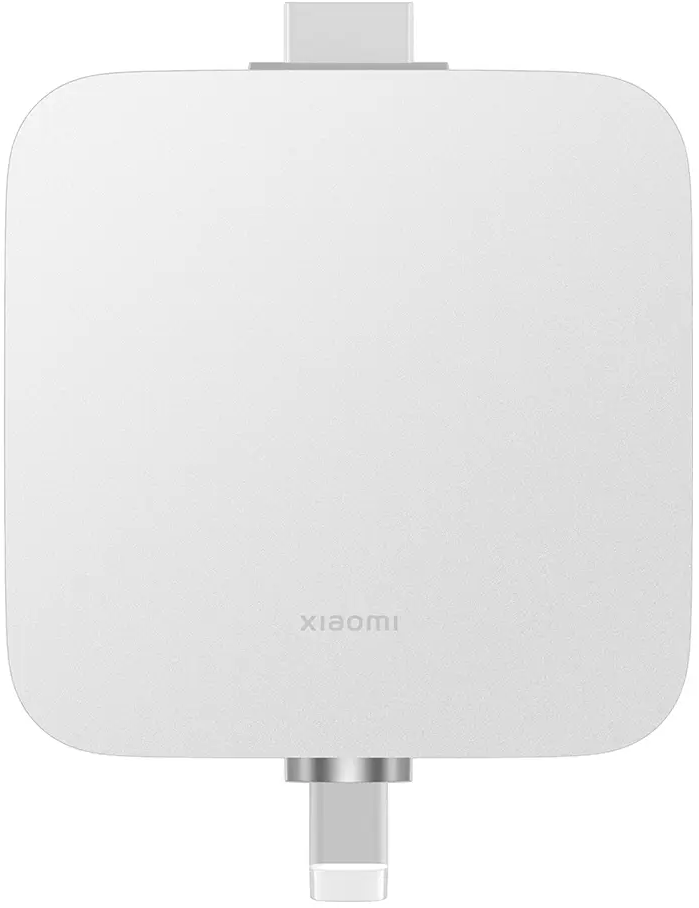 Un hub USB-C Xiaomi bianco, rettangolare con angoli arrotondati, connettore USB-C in basso.