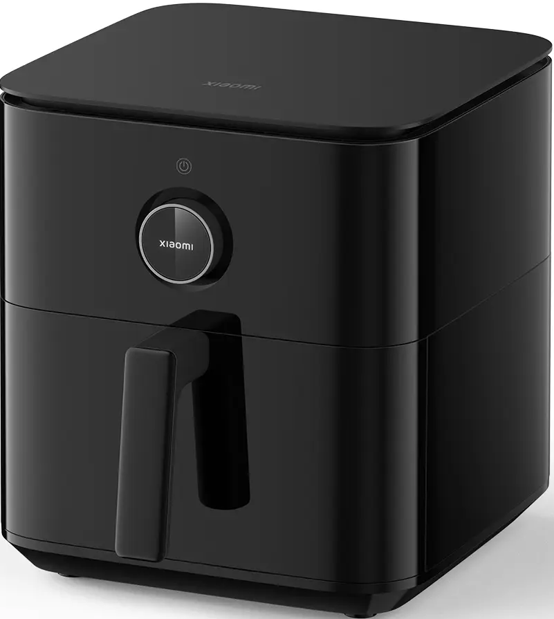 Une friteuse à air Xiaomi noire. Elle possède une poignée et un panneau de contrôle avec un bouton d'alimentation et le logo Xiaomi.