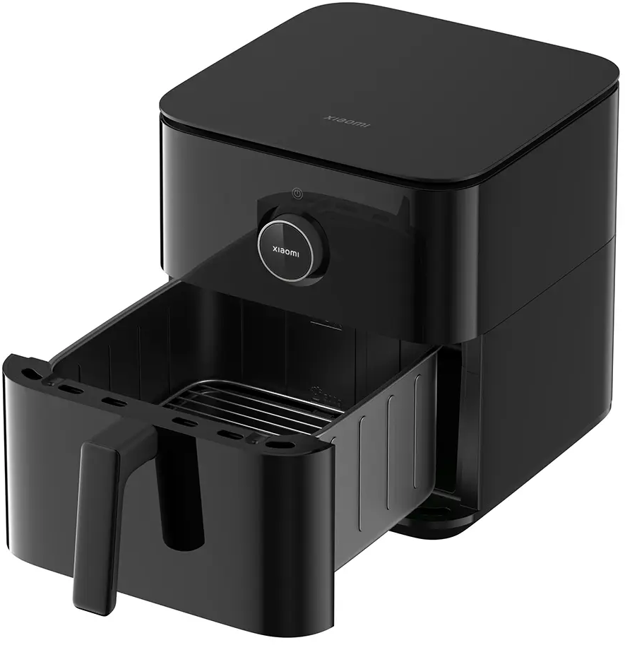 Une friteuse à air Xiaomi noire avec un tiroir ouvert. Le tiroir a une poignée et le panneau de commande a un bouton d'alimentation.