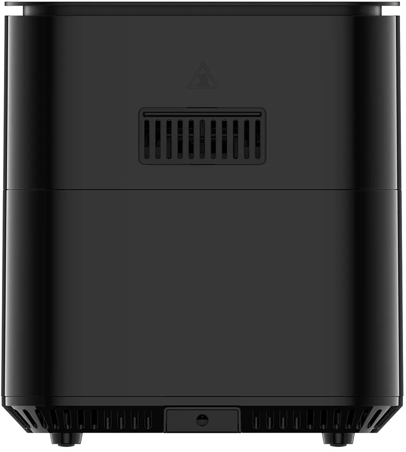 Une friteuse à air noire avec une aération et un symbole d'avertissement. Forme rectangulaire avec un panneau de contrôle en bas.