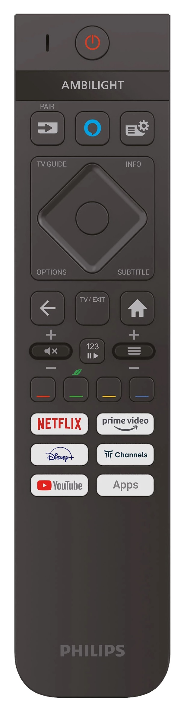 Pilot Philips Ambilight z wieloma przyciskami, białe tło.