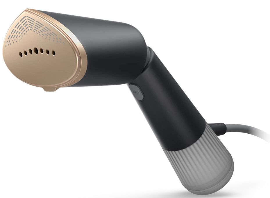 Czarny i złoty ręczny parownik do odzieży Philips.