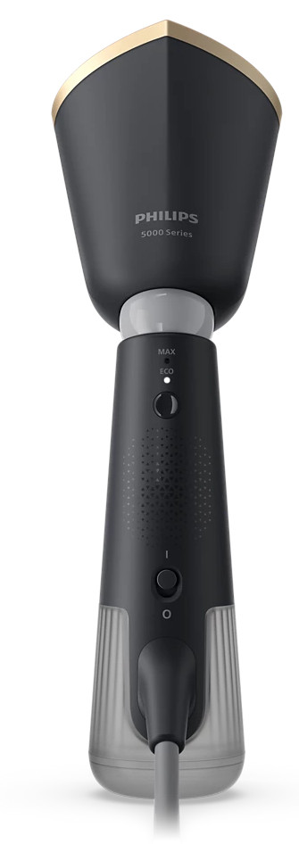 Czarny i szary parownik Philips ze złotym akcentem na górze.
