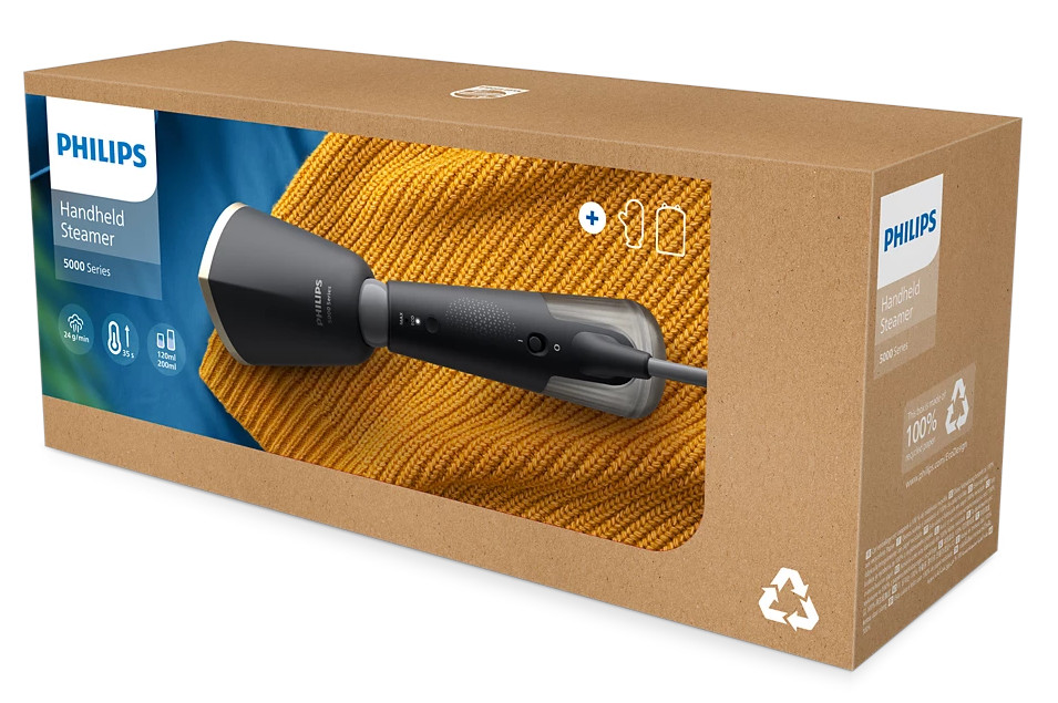 Ręczny parownik w kartonowym pudełku, widoczny produkt.