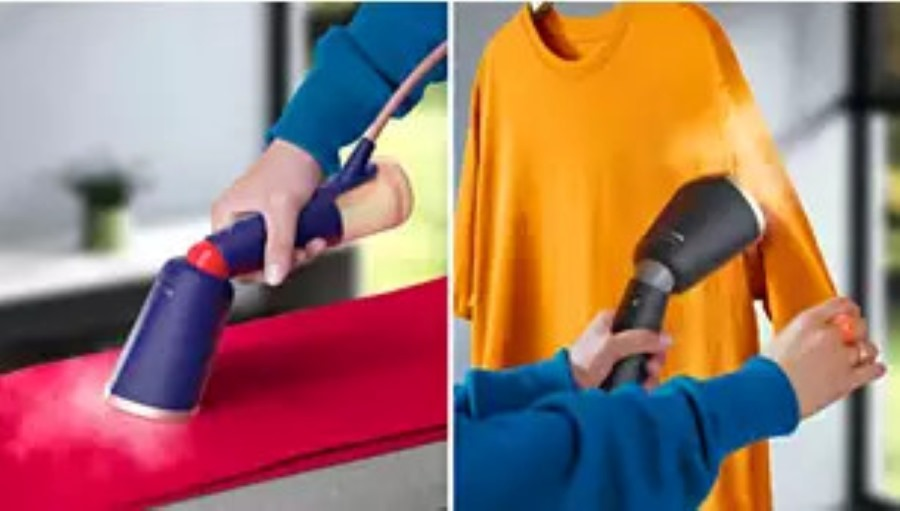 Dwa zdjęcia: jedno z parownicą na czerwonym materiale, drugie z parowaniem żółtej koszuli.