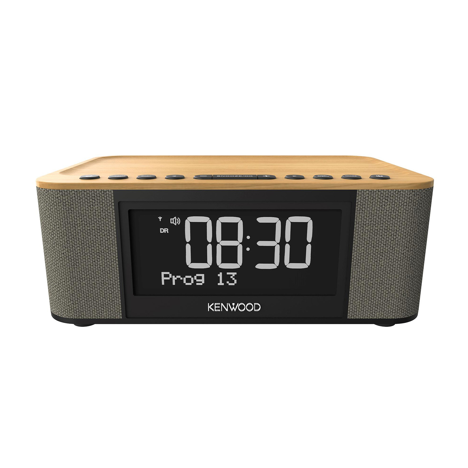 Radiosveglia con top in legno, schermo nero con 08:30 e logo Kenwood.
