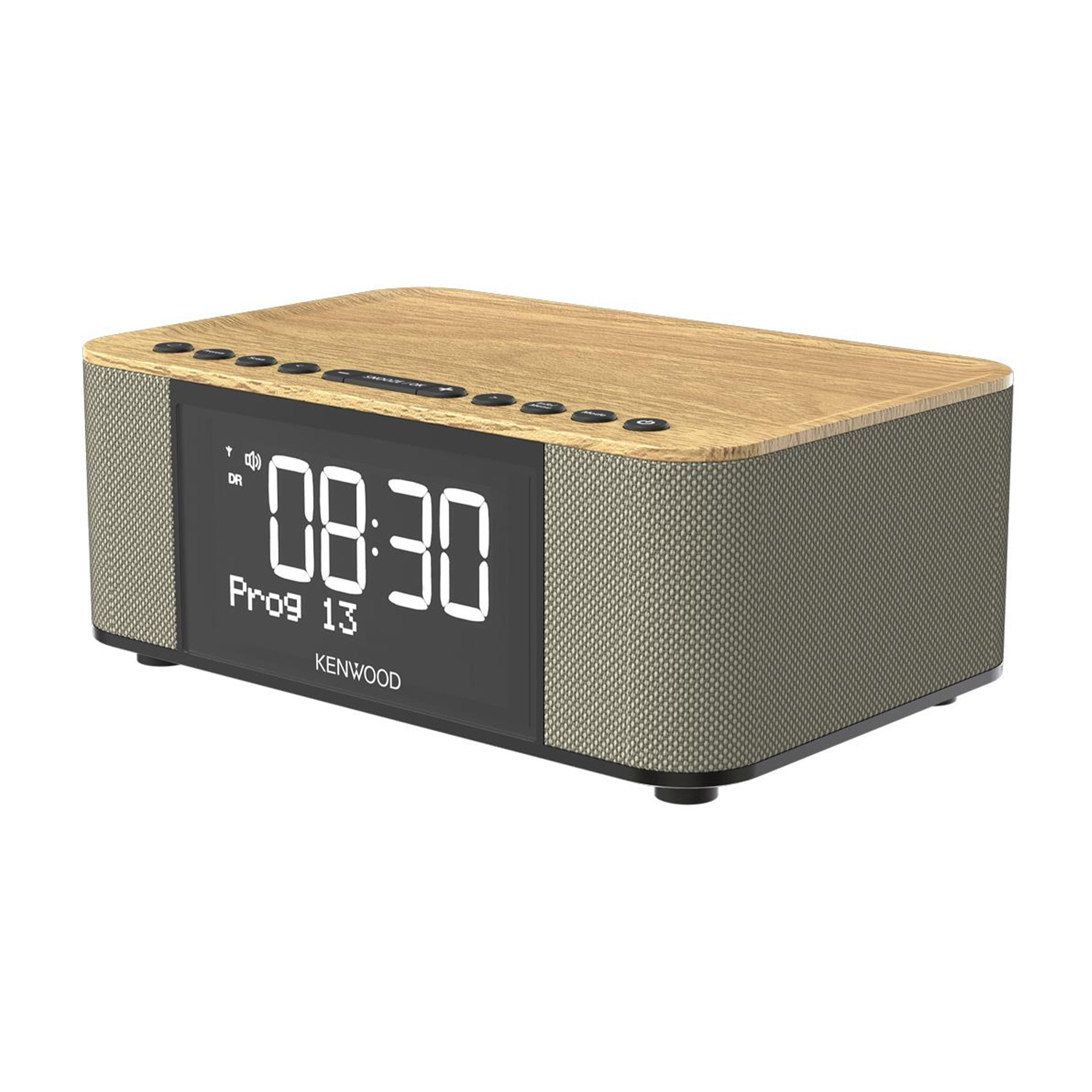 Radiosveglia digitale con parte superiore in legno, mostra "08:30". Frontale grigio, marchio Kenwood.