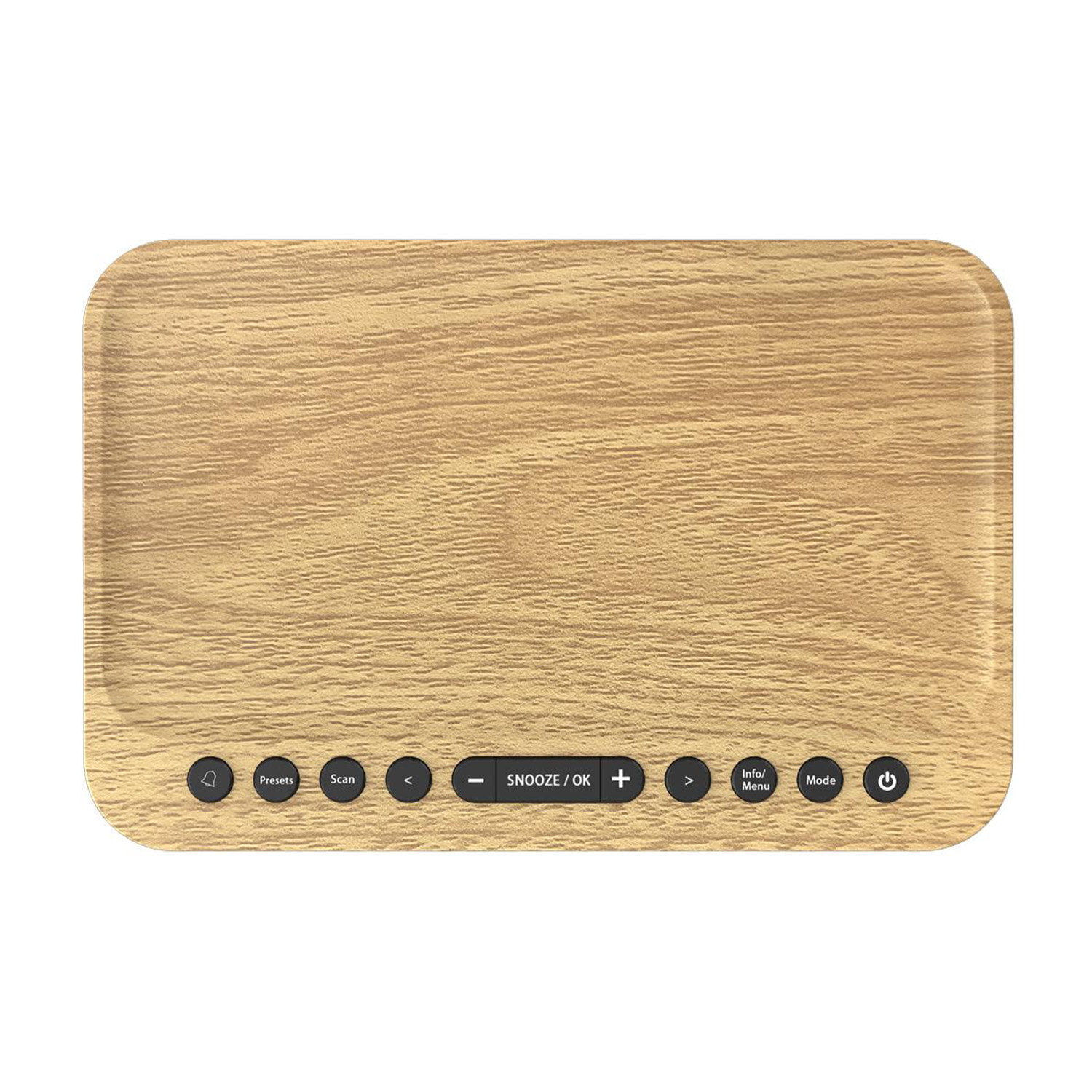 Sveglia con texture legno, pulsanti e display.