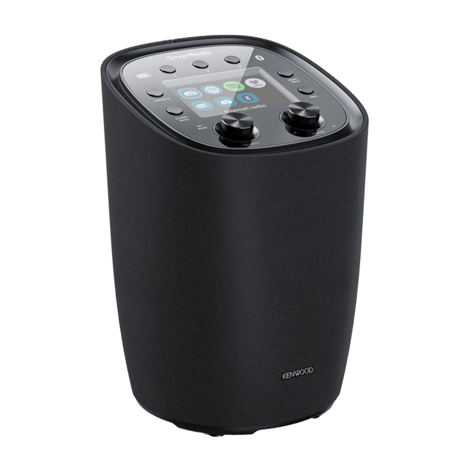 Kenwood SmartRadio nero. Parte superiore inclinata con display e pulsanti. Corpo cilindrico. Sfondo nero.
