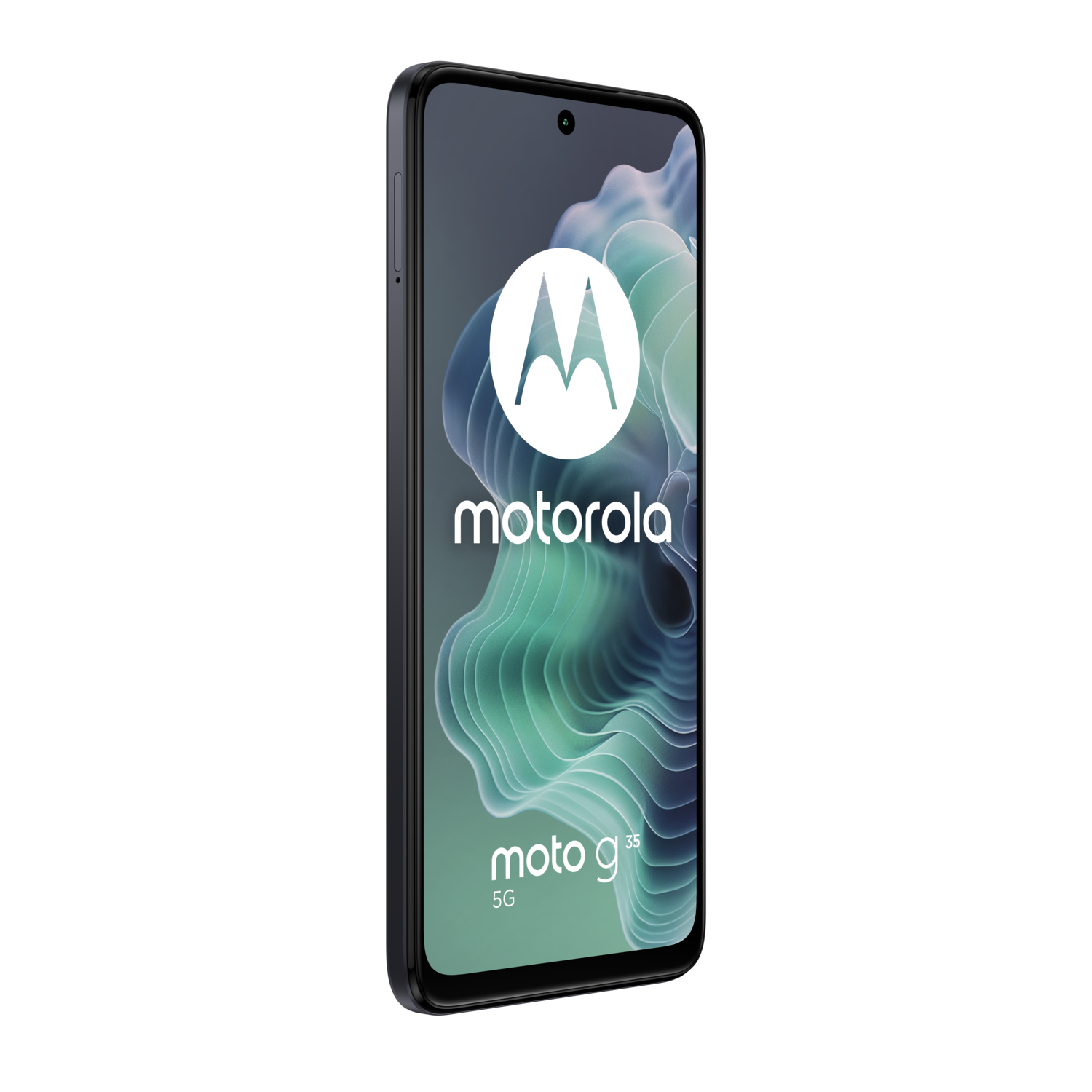Black Motorola phone. White logo on screen. Moto g35 5G.