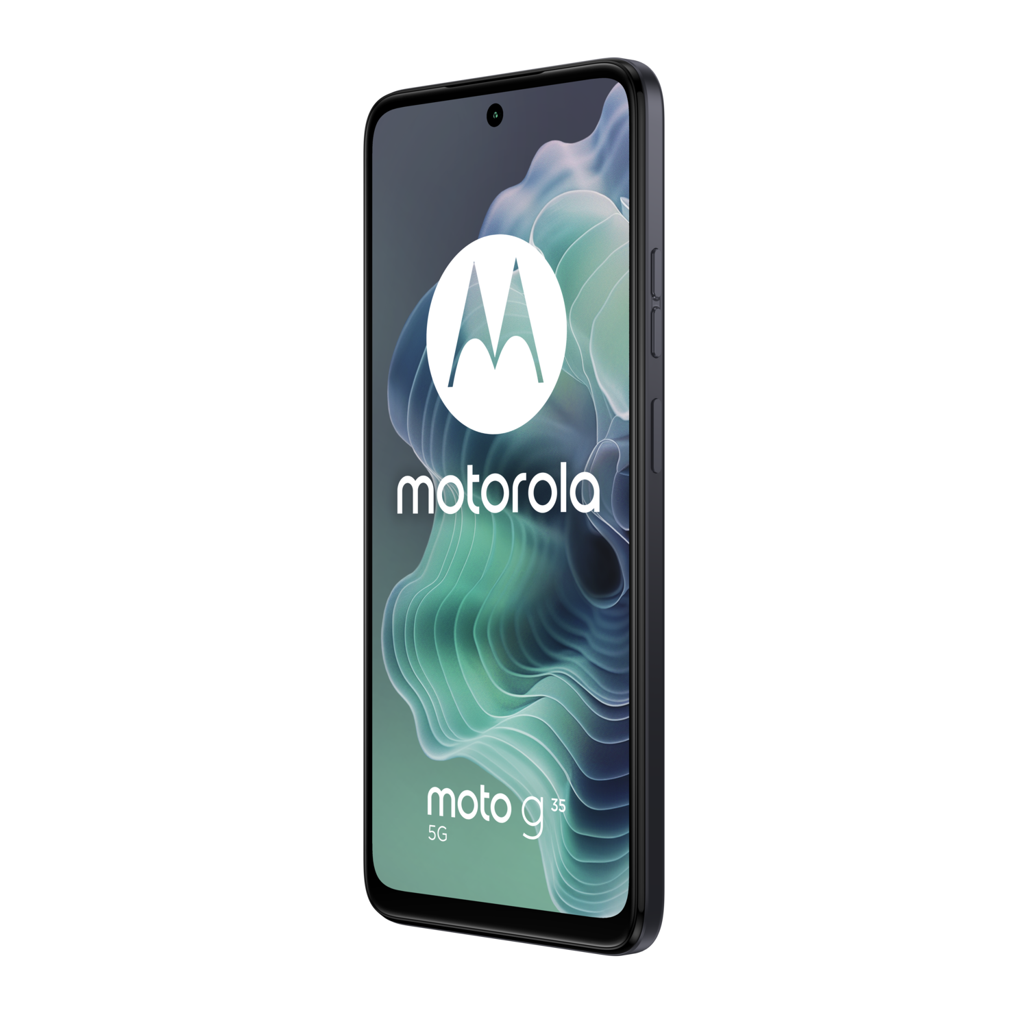 Black Motorola Moto g35 5G phone, showing a white Motorola logo and a green background.