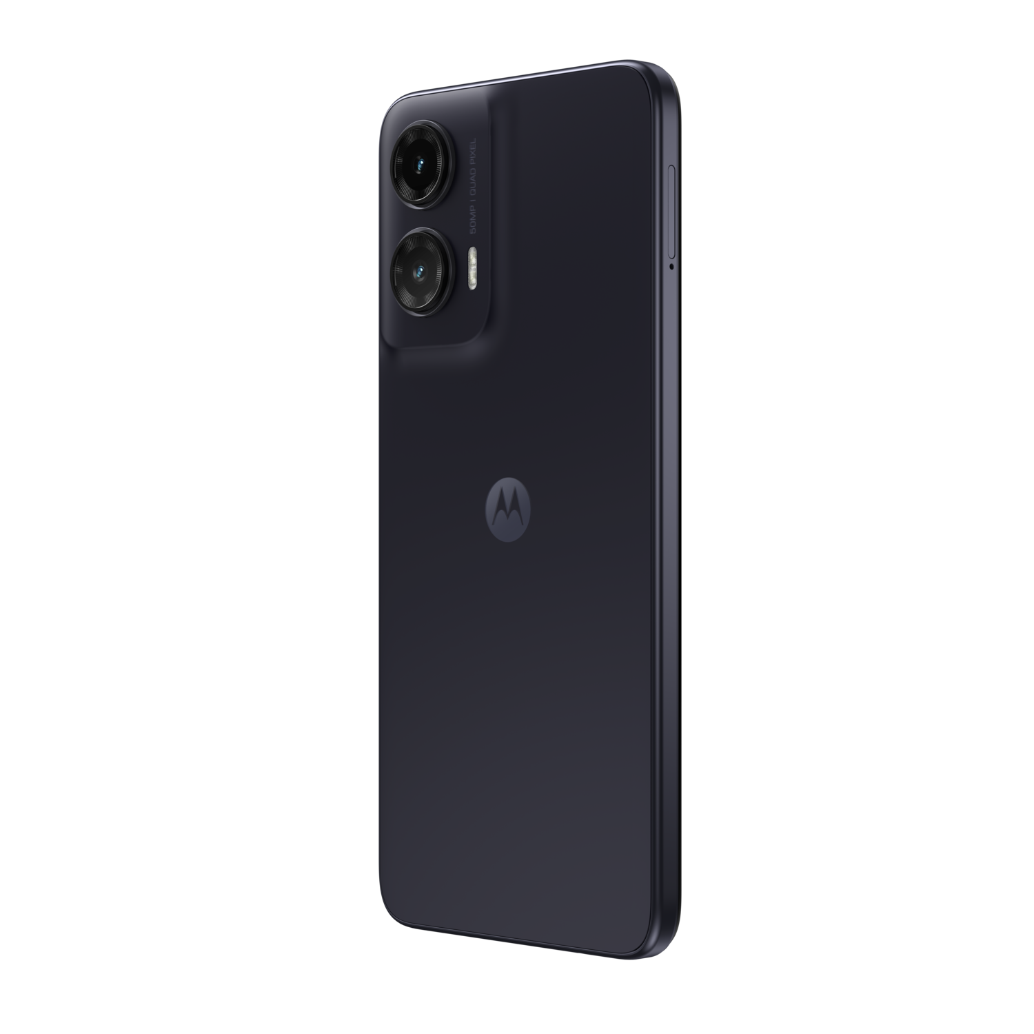 Dark blue Motorola phone. It has a dual-camera setup and a Motorola logo on the back.
