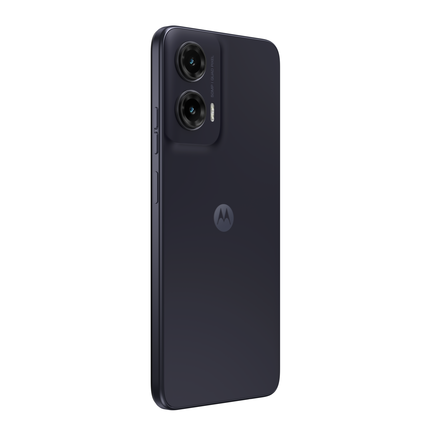 A black Motorola smartphone's back with dual cameras and a central logo, on a dark background.