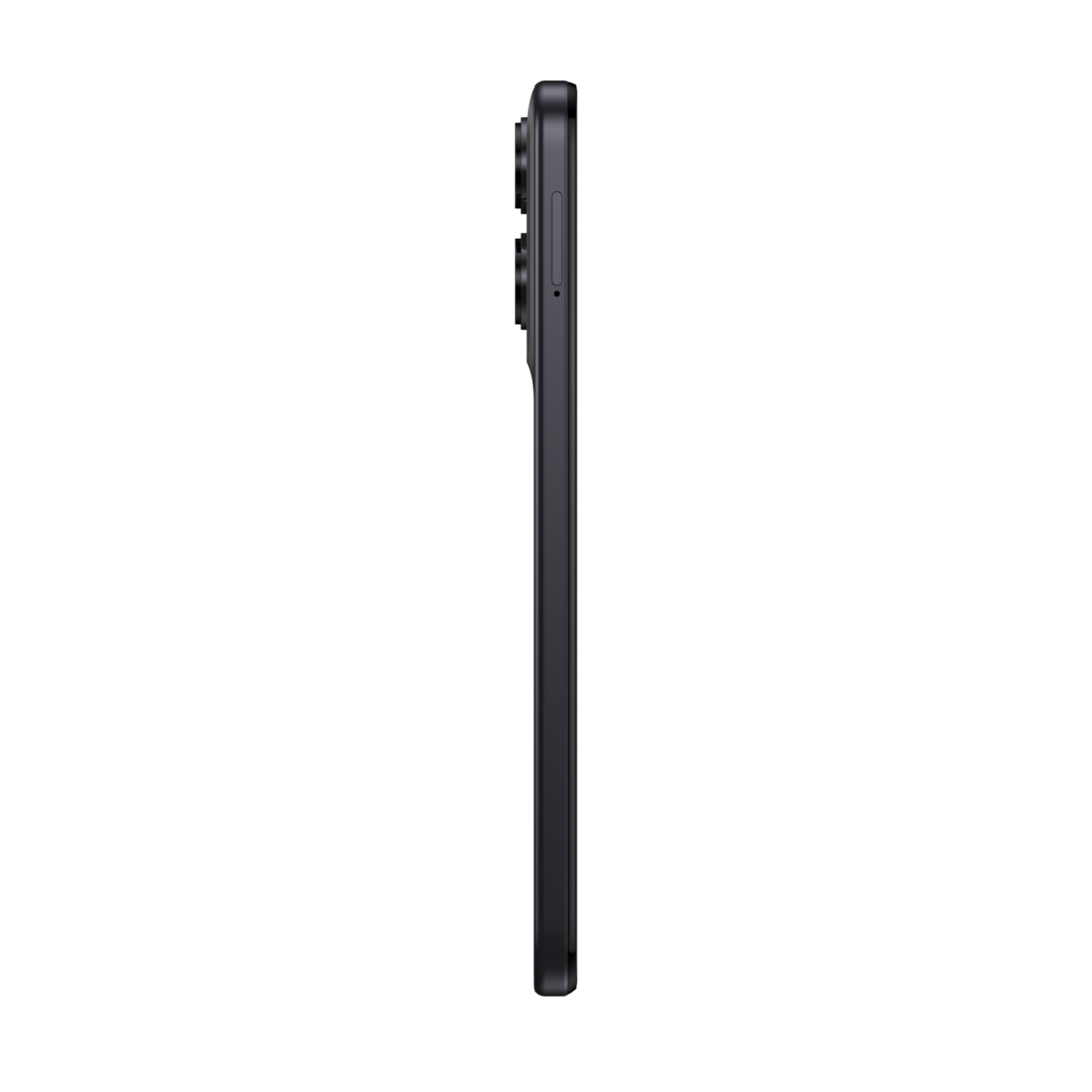 Side view of a dark-colored smartphone on a black background.