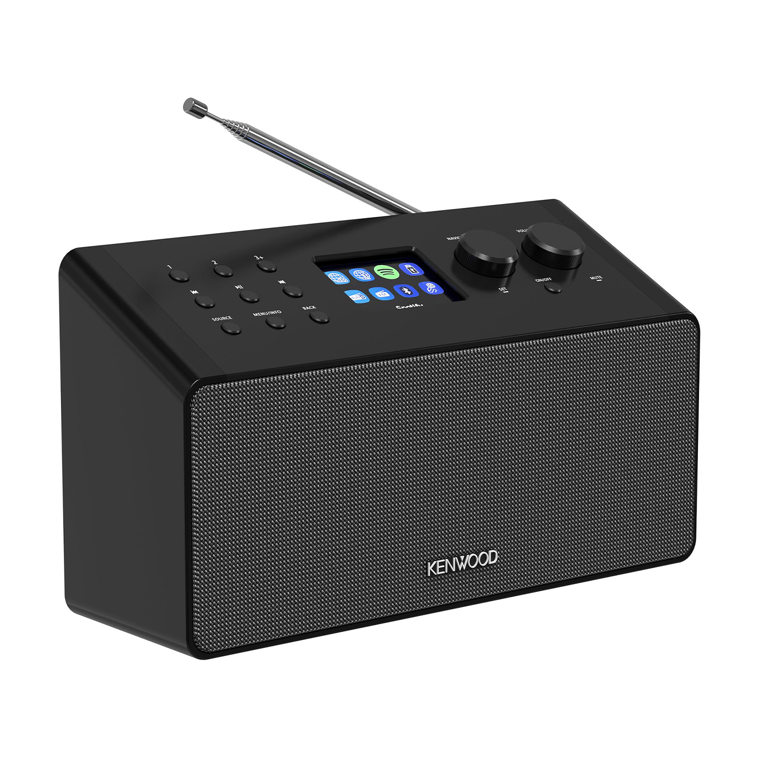 Radio Kenwood nera con schermo e pulsanti, antenna estesa.