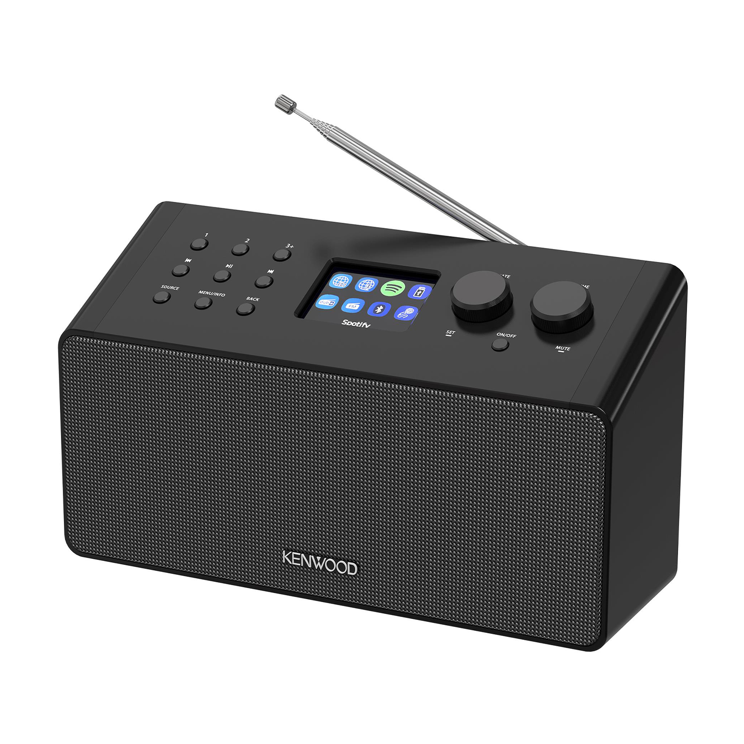 Una radio Kenwood nera con un piccolo schermo, pulsanti e due manopole. L'antenna si estende verso l'alto.