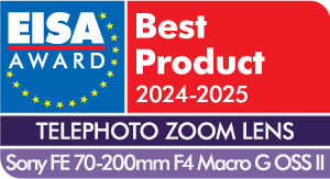 EISA-Award-Aufkleber. Text: Bestes Produkt 2024-2025, Tele-Zoomobjektiv.