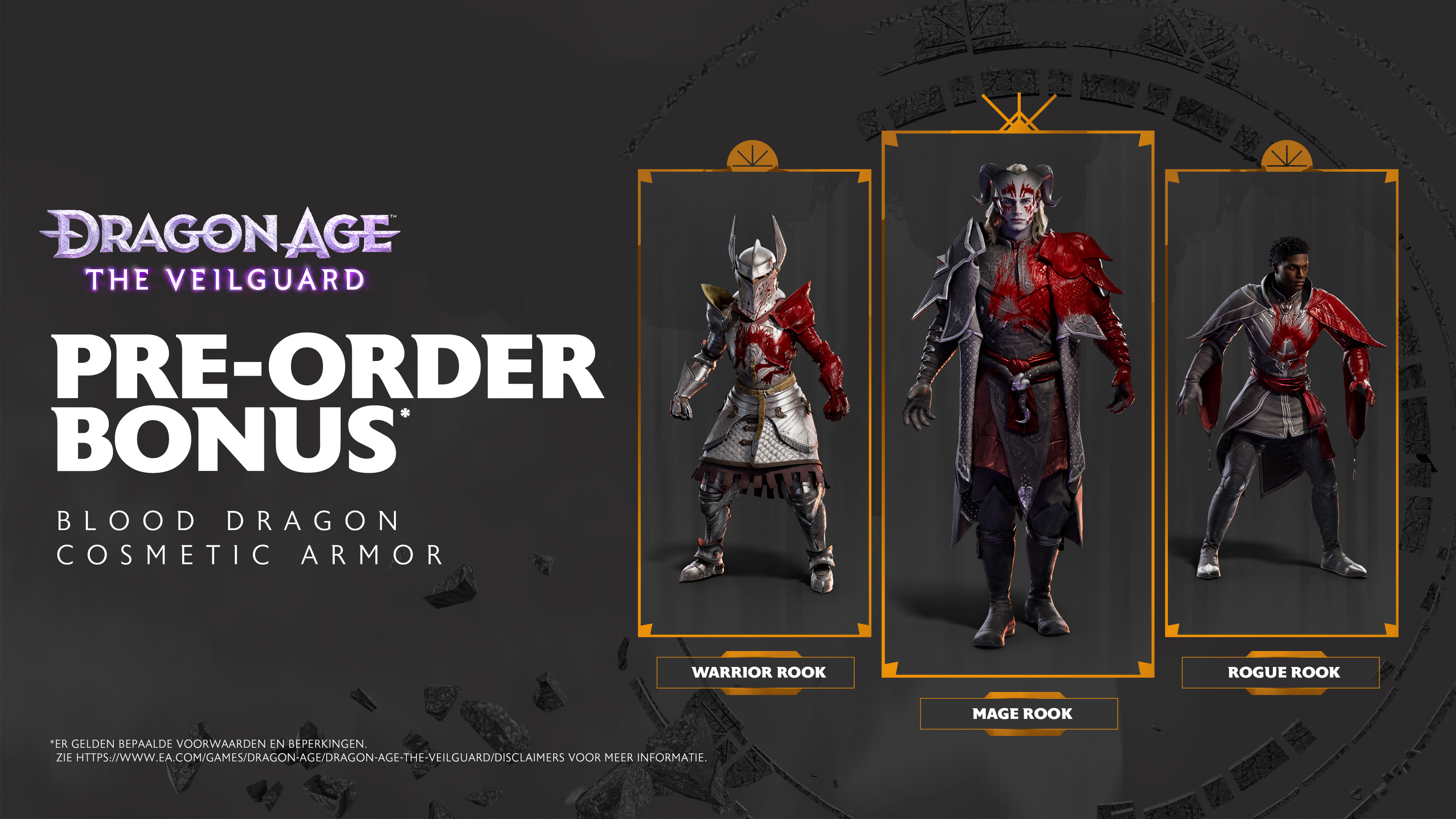 Dragon Age game-advertentie met karaktermodellen en pre-order tekst.