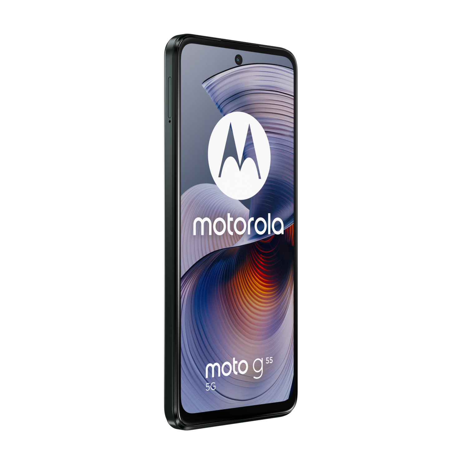 Black Motorola smartphone with a large screen displaying a logo.