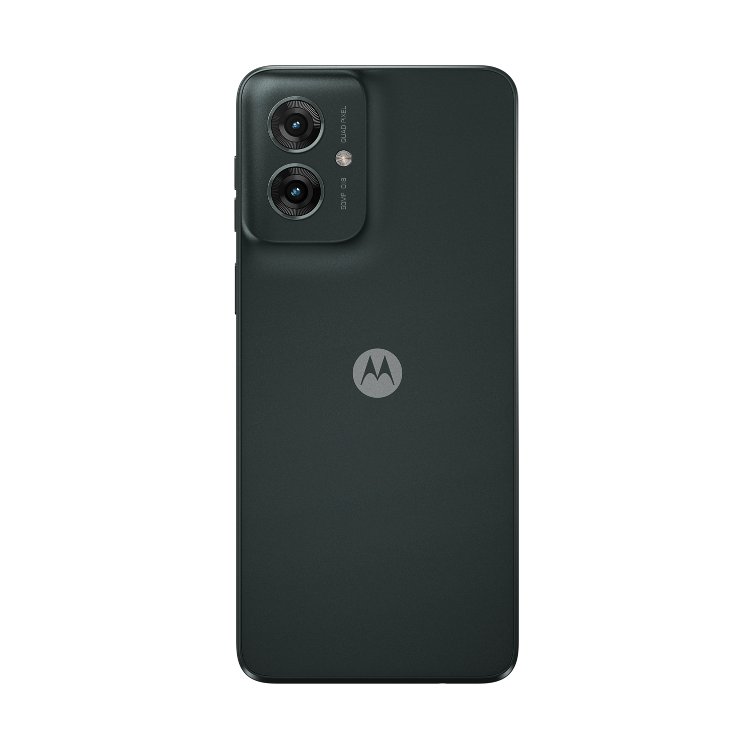 Black Motorola phone back view. Dual cameras and logo. Black background.