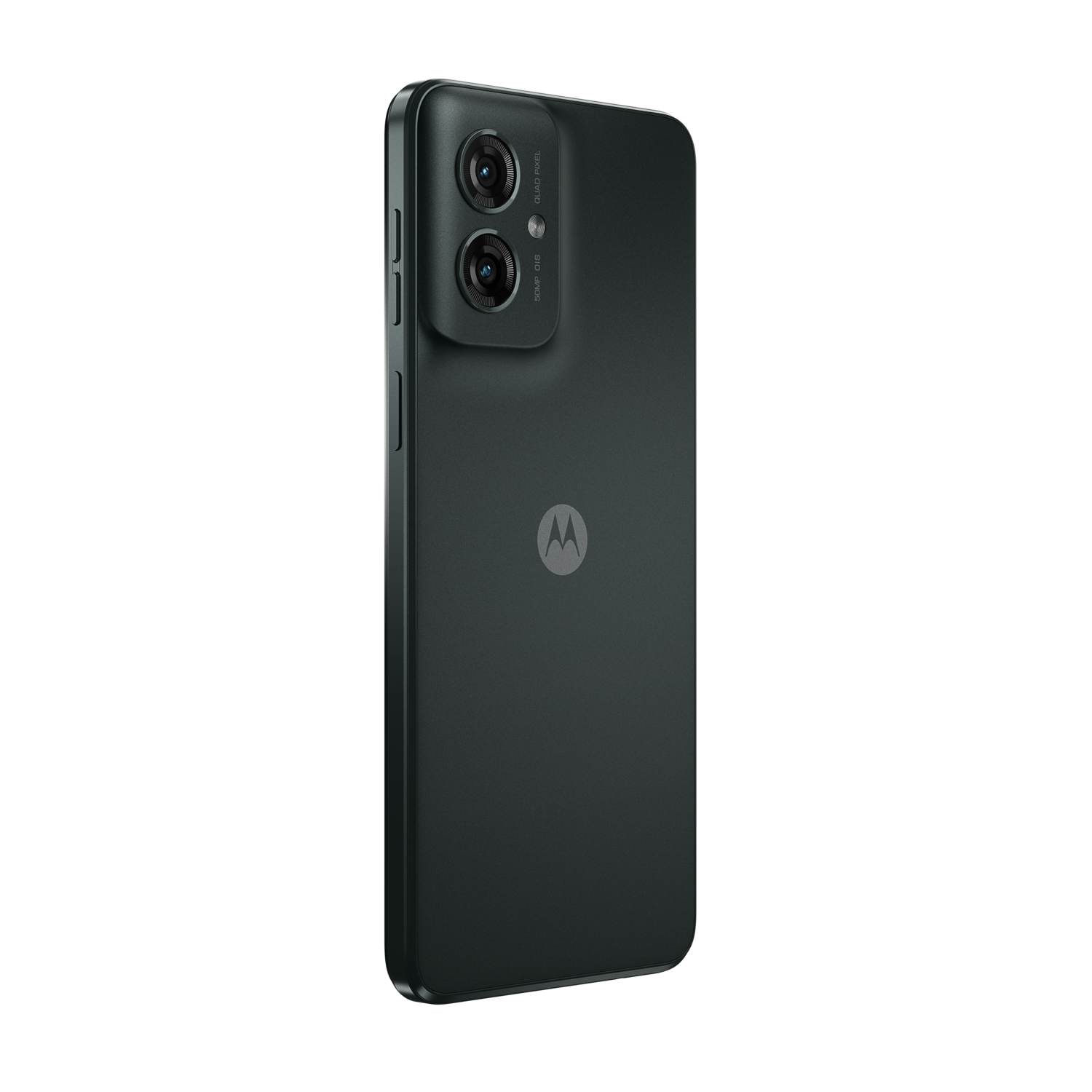 Motorola phone, dark gray, dual camera, with Motorola logo.